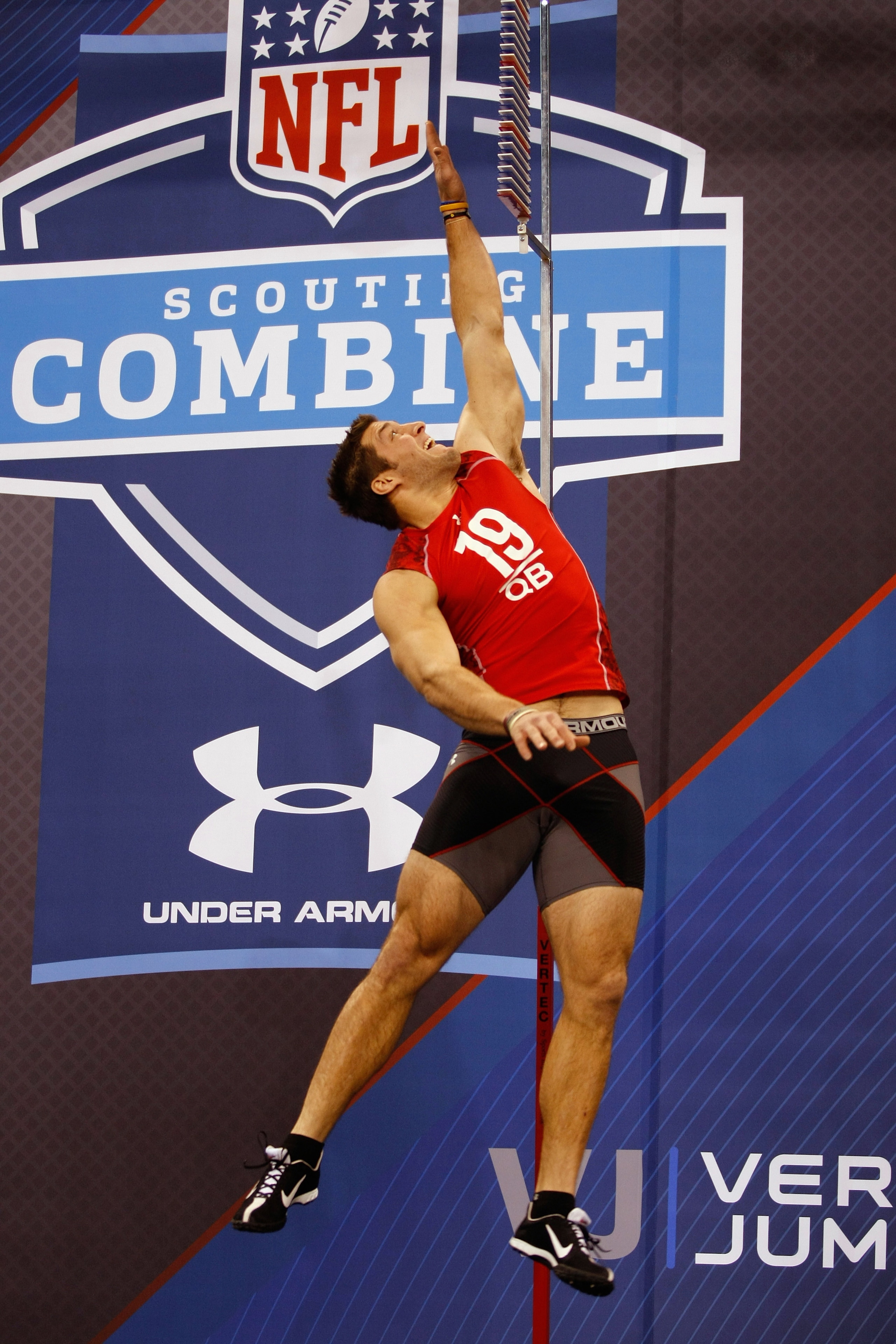 INDIANAPOLIS, IN - FEBRUARY 28: Quarterback Tim Tebow of Florida performs the vertical jump during the NFL Scouting Combine presented by Under Armour at Lucas Oil Stadium on February 28, 2010 in Indianapolis, Indiana. (Photo by Scott Boehm/Getty Images) INDIANAPOLIS, IN - FEBRUARY 28: Quarterback Tim Tebow of Florida performs the vertical jump during the NFL Scouting Combine presented by Under Armour at Lucas Oil Stadium on February 28, 2010 in Indianapolis, Indiana. (Photo by Scott Boehm/Getty Images)