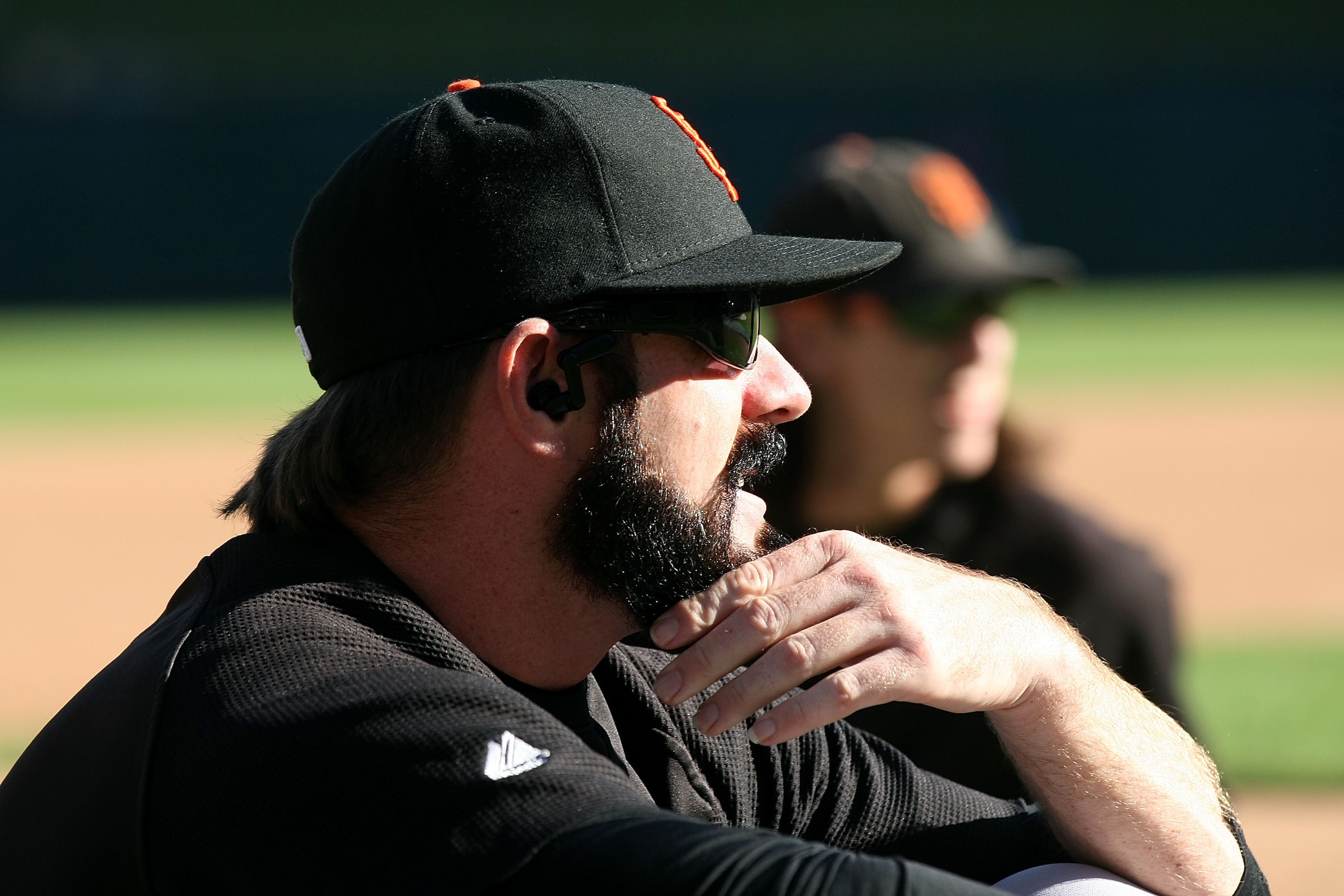 ARLINGTON, TX - OCTOBER 30:  Brian Wilson #38 of the San Francisco Giants looks on during batting practice against the Texas Rangers in Game Three of the 2010 MLB World Series at Rangers Ballpark in Arlington on October 30, 2010 in Arlington, Texas.  (Pho