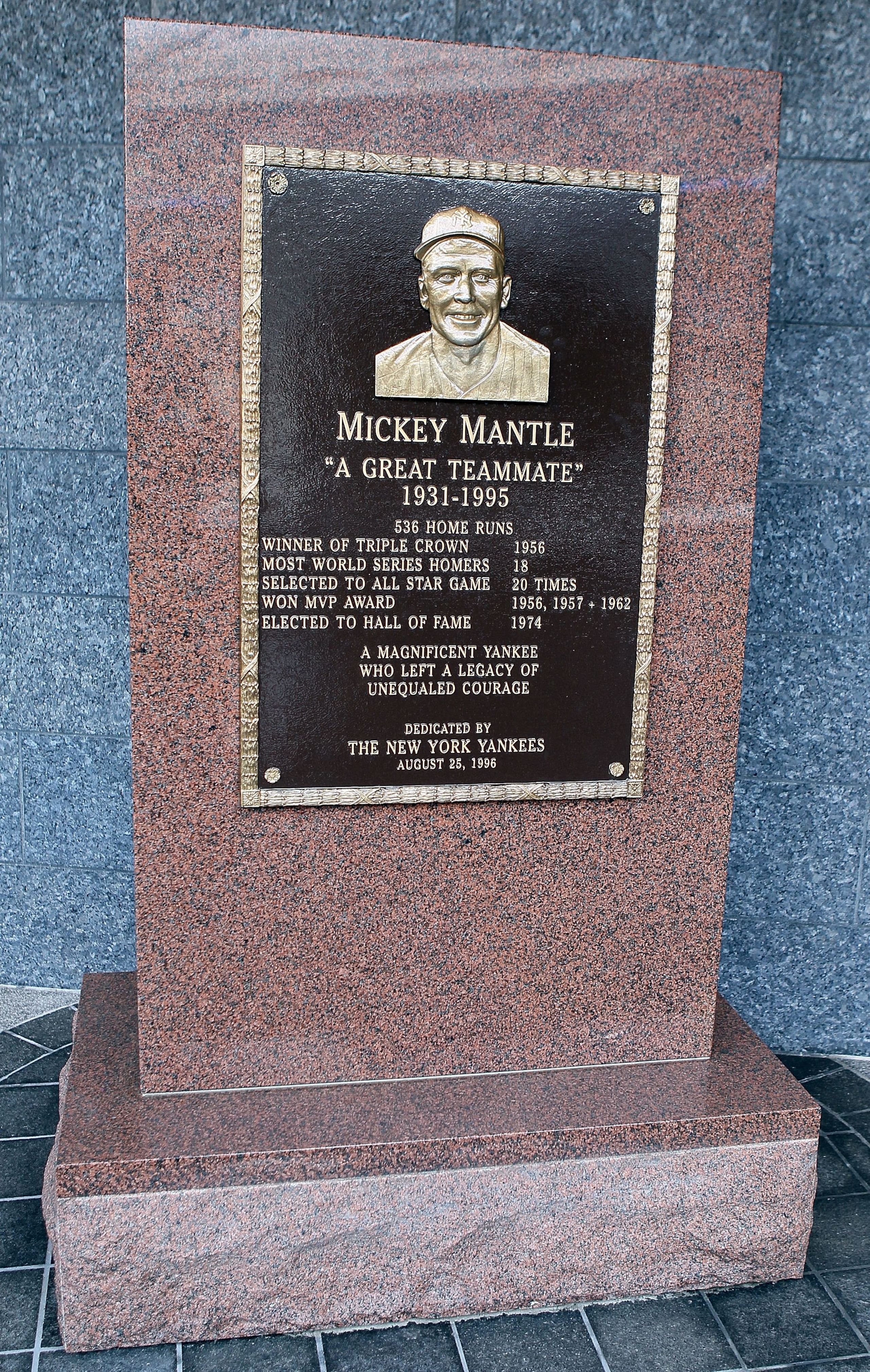 NEW YORK - MAY 02:  The monument of Mickey Mantle is seen in Monument Park at Yankee Stadium prior to game between the New York Yankees and the Chicago White Sox on May 2, 2010 in the Bronx borough of New York City. The Yankees defeated the White Sox 12-3