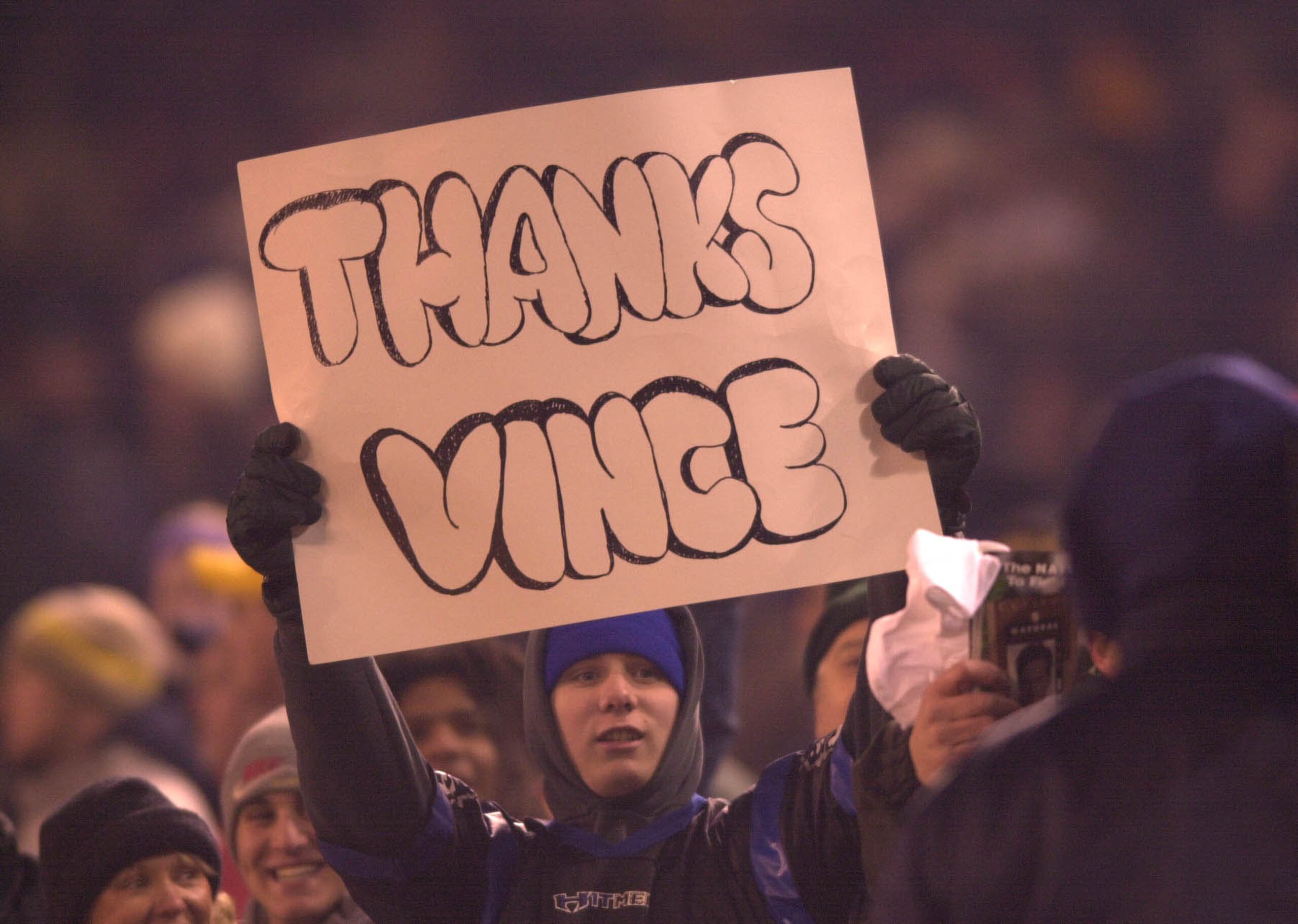 18 Feb 2001:  A New York Hitmen fan holds a sign thanking Vince McMahon during the Hitmen's game against the Orlando Rage at Giant Stadium in East Rutherford, New Jersey.  DIGITAL IMAGE  Mandatory Credit: Ezra Shaw/ALLSPORT