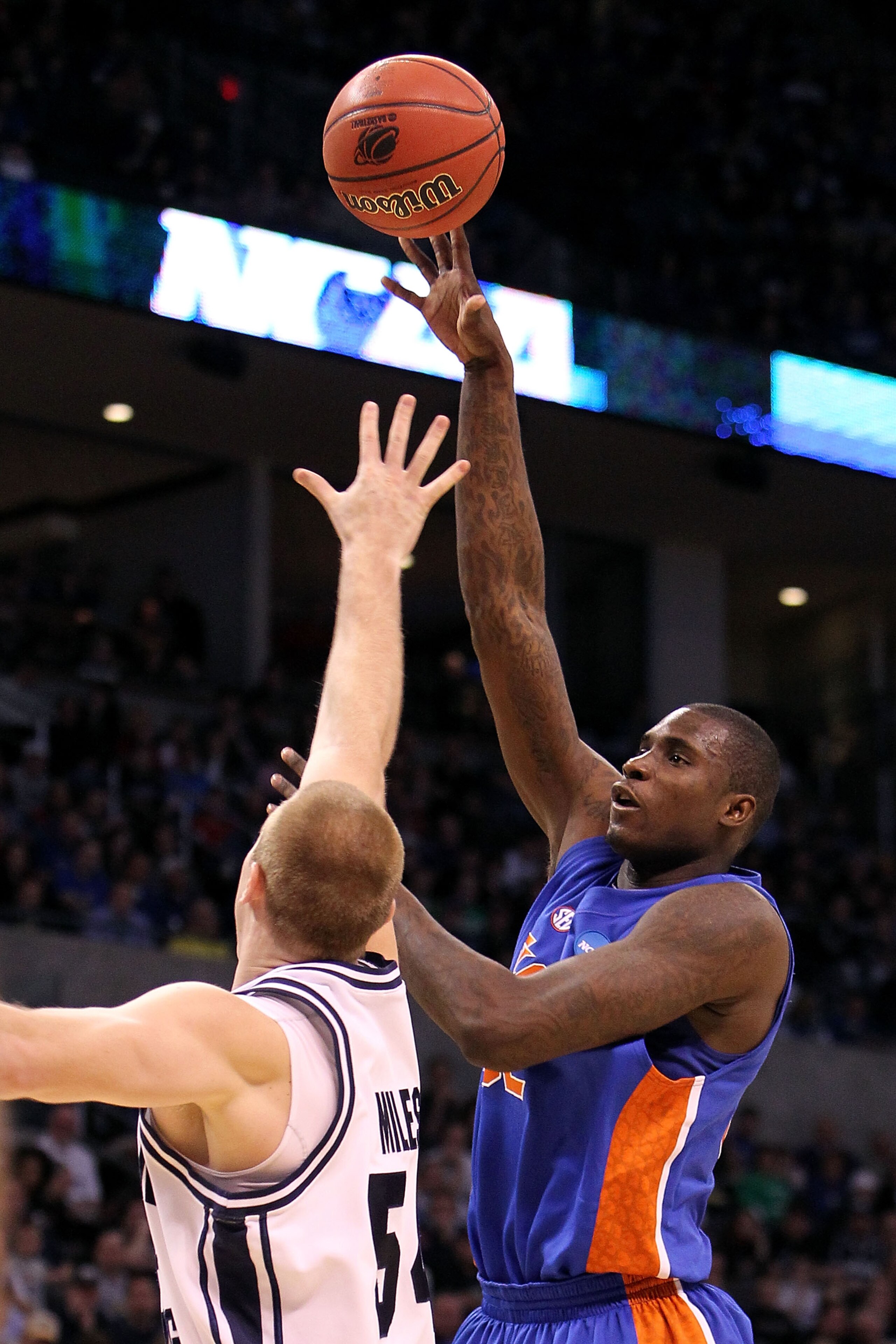 OKLAHOMA CITY - MARCH 18:  Vernon Macklin #32 of the Florida Gators ties the game 68-68 in the second half against the BYU Cougars during the first round of the 2010 NCAA menï¿½s basketball tournament at Ford Center on March 18, 2010 in Oklahoma City, Oklah