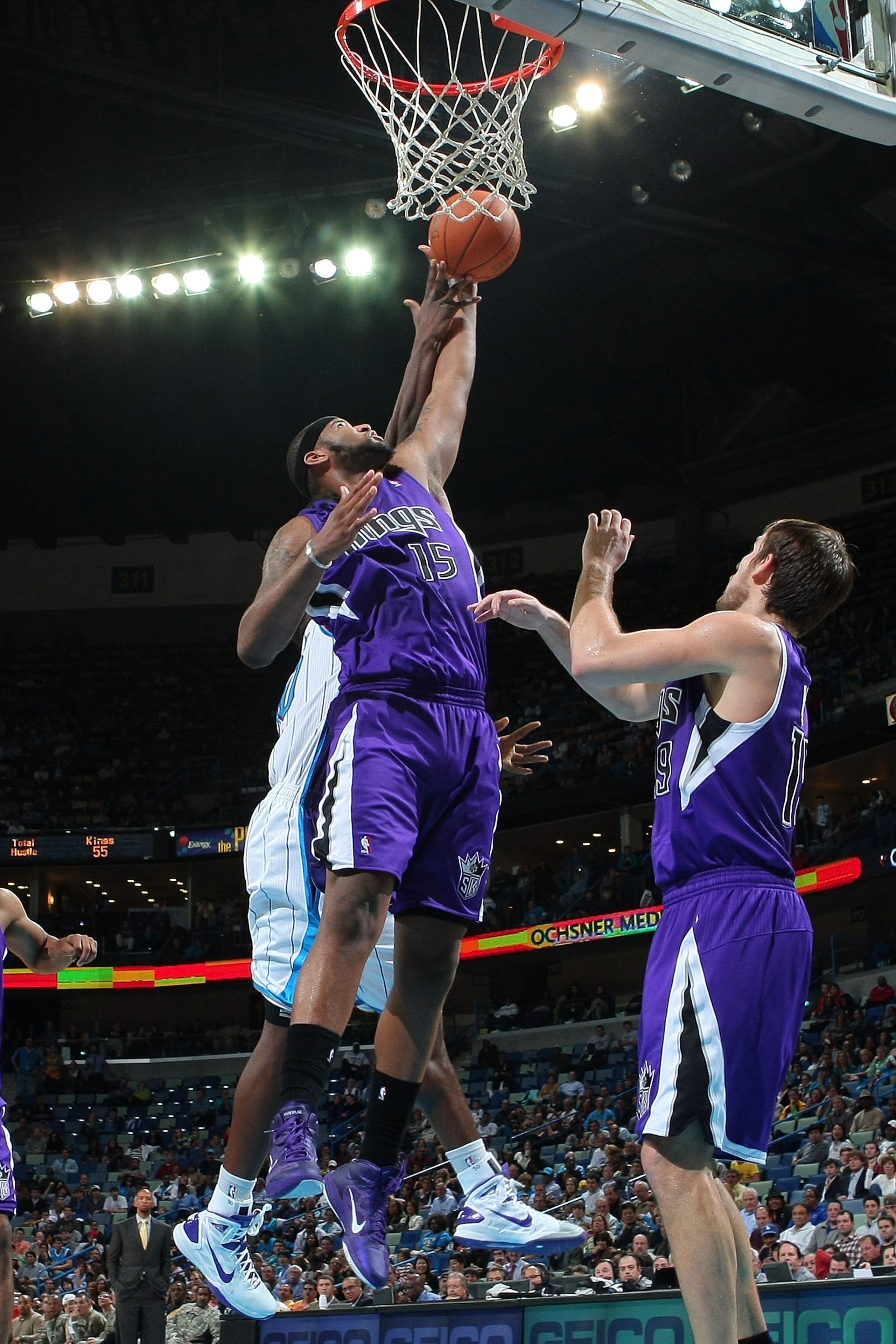 NEW ORLEANS, LA - DECEMBER 15:  DeMarcus Cousins #15 of the Sacramento Kings grabs a rebound during the game against the New Orleans Hornets  at the New Orleans Arena on December 15, 2010 in New Orleans, Louisiana.  The Hornets defeated the Kings 94-91.