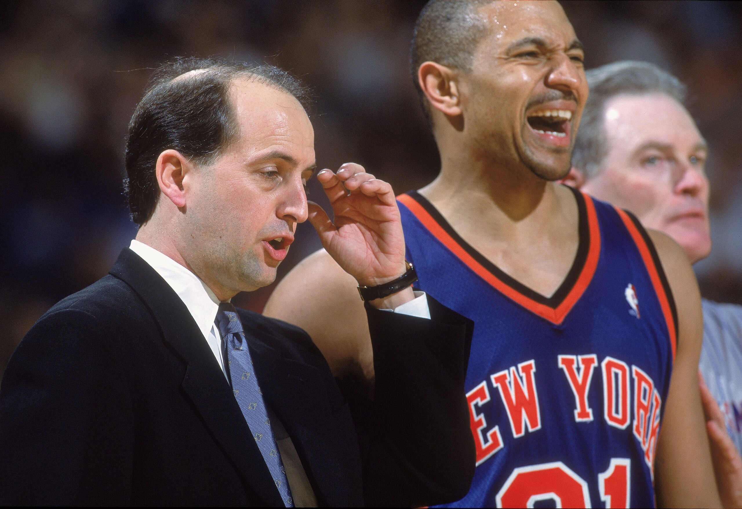 27 Mar 2001:  Head Coach Jeff Van Gundy of the New York Knicks looks stunned as Mark Jackson #31 reacts to the play during the game against the Sacramento Kings at the Arco Arena in Sacramento, California. The Kings defeated the Knicks 124-117.  NOTE TO U