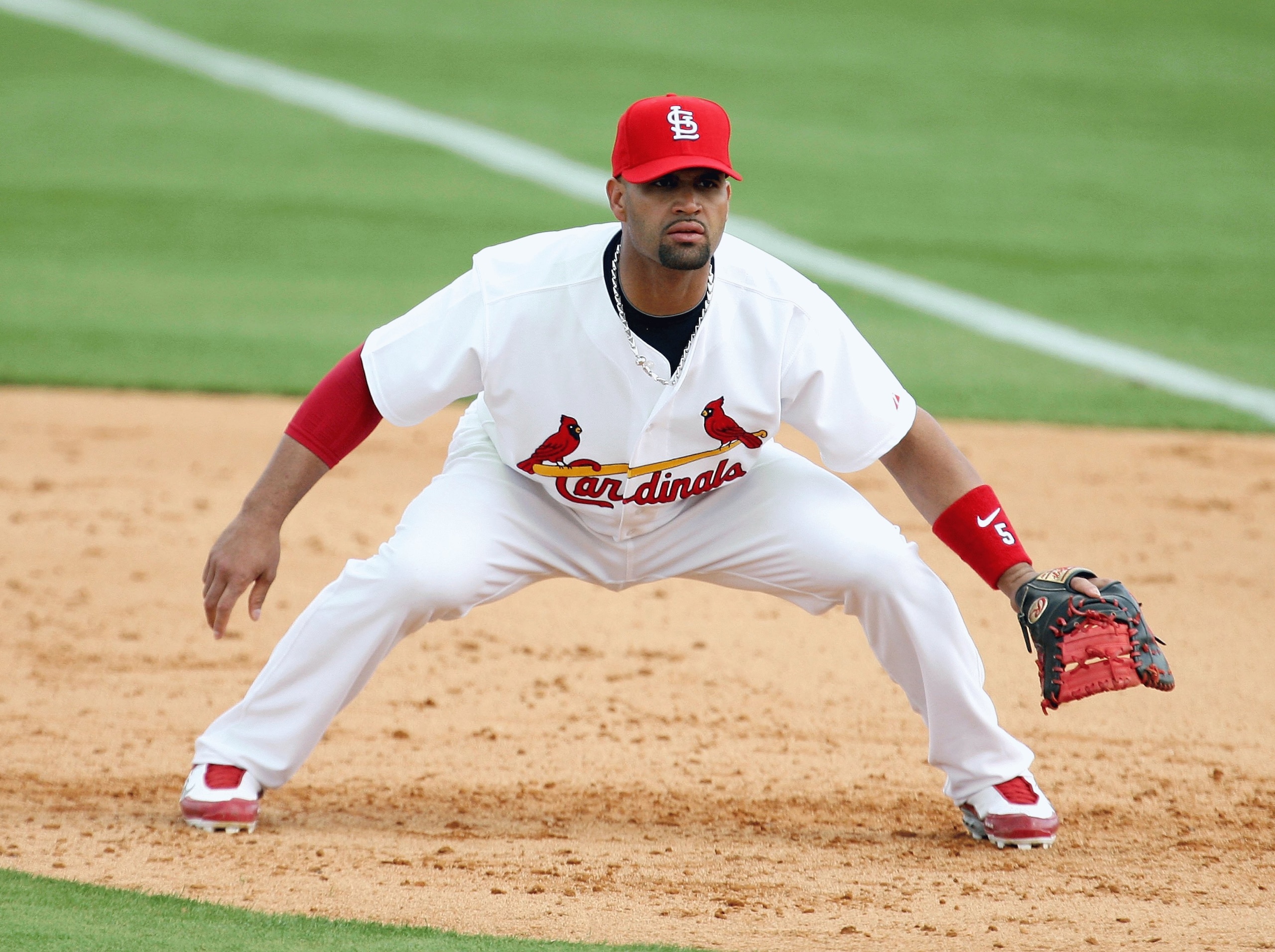 JUPITER, FL - FEBRUARY 25:  First baseman Albert Pujols #5 of the St. Louis Cardinals gets set against the Florida Marlins during a spring training game at Roger Dean Stadium on February 25, 2009 in Jupiter, Florida. The Marlins and the Mets played to a 5