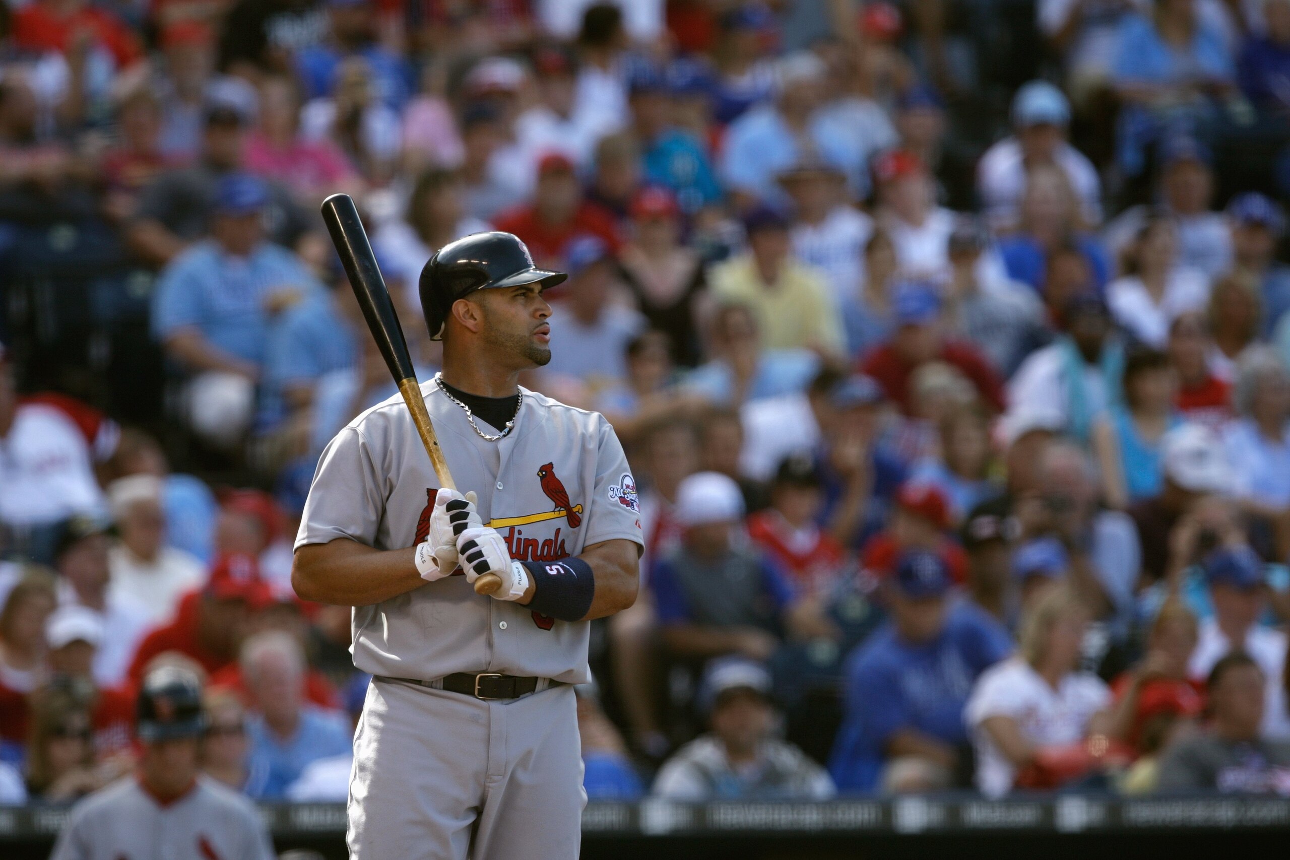 KANSAS CITY, MO - JUNE 20:  Albert Pujols #5 of the St. Louis Cardinals stands at the plate against the Kansas City Royals during the game on June 20, 2009 at Kauffman Stadium in Kansas City, Missouri. (Photo by Jamie Squire/Getty Images)