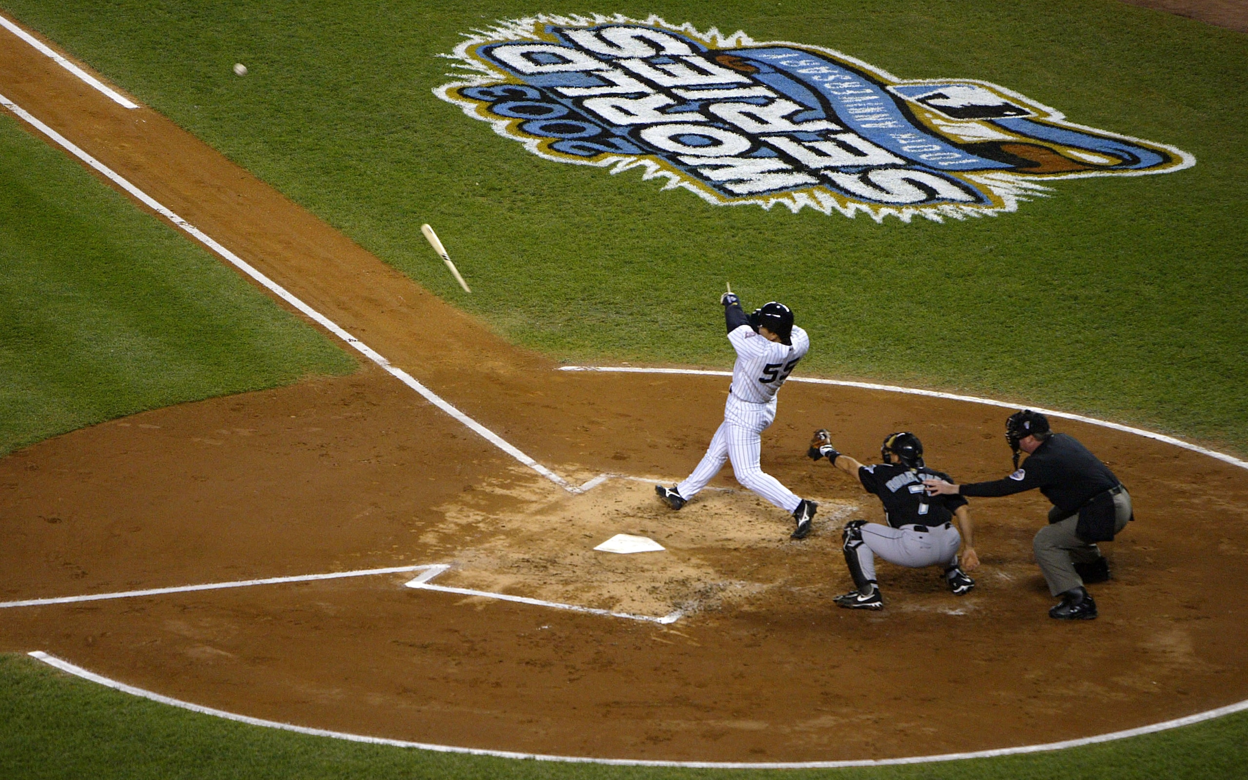 BRONX, NY - OCTOBER 25:  Hideki Matsui #55 the New York Yankees breaks his bat in the first inning on a pitch by Josh Beckett #21 of the Florida Marlins during game six of the Major League Baseball World Series October 25, 2003 at Yankee Stadium in the Br