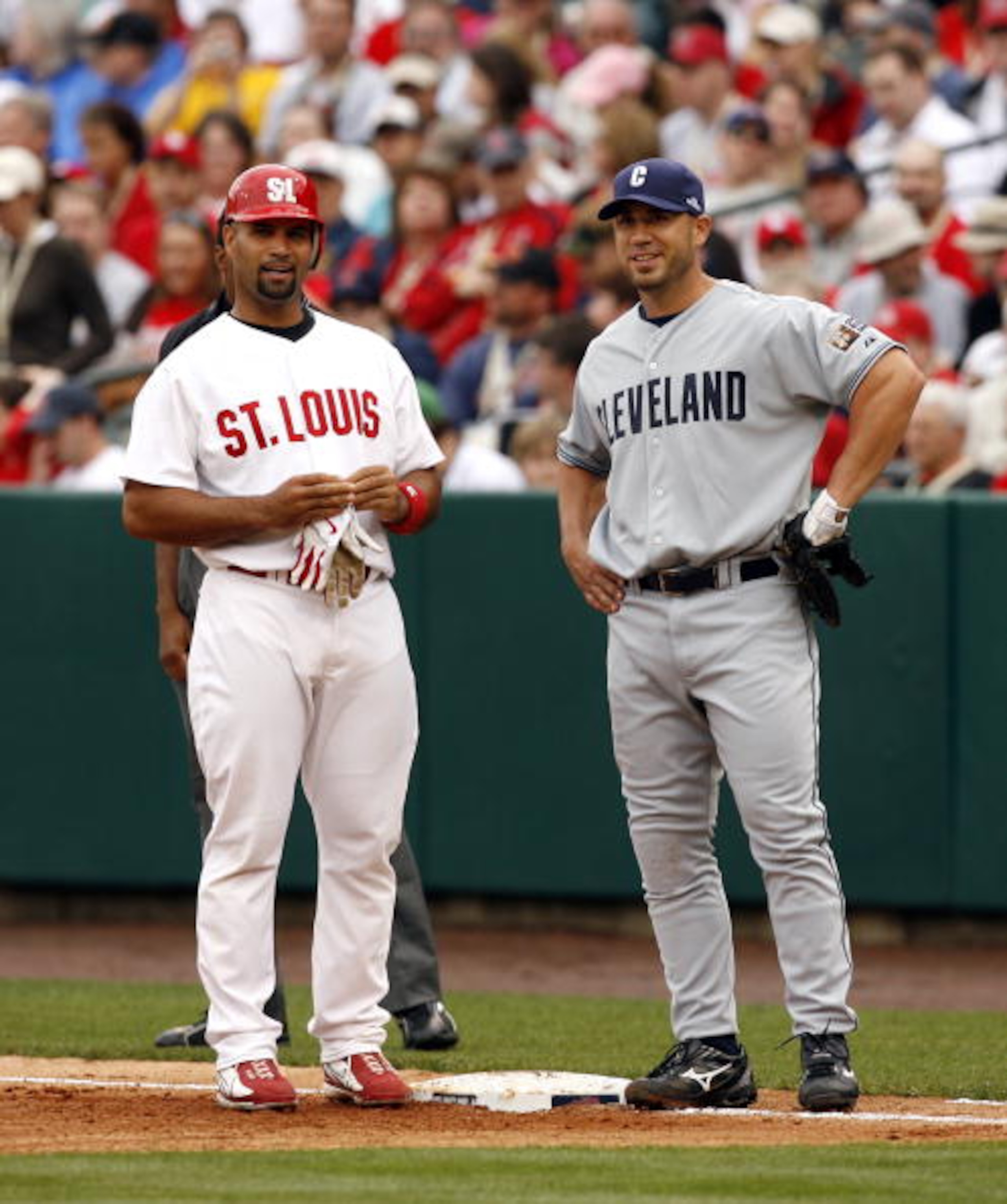 MEMPHIS, TN - MARCH 31:  Travis Hafner #48 of the Cleveland Indians and Albert Pujols #5 of the St. Louis Cardinals during the Civil Rights Game on March 31, 2007 at AutoZone Park in Memphis, Tennessee.  (Photo by Joe Murphy/Getty Images)