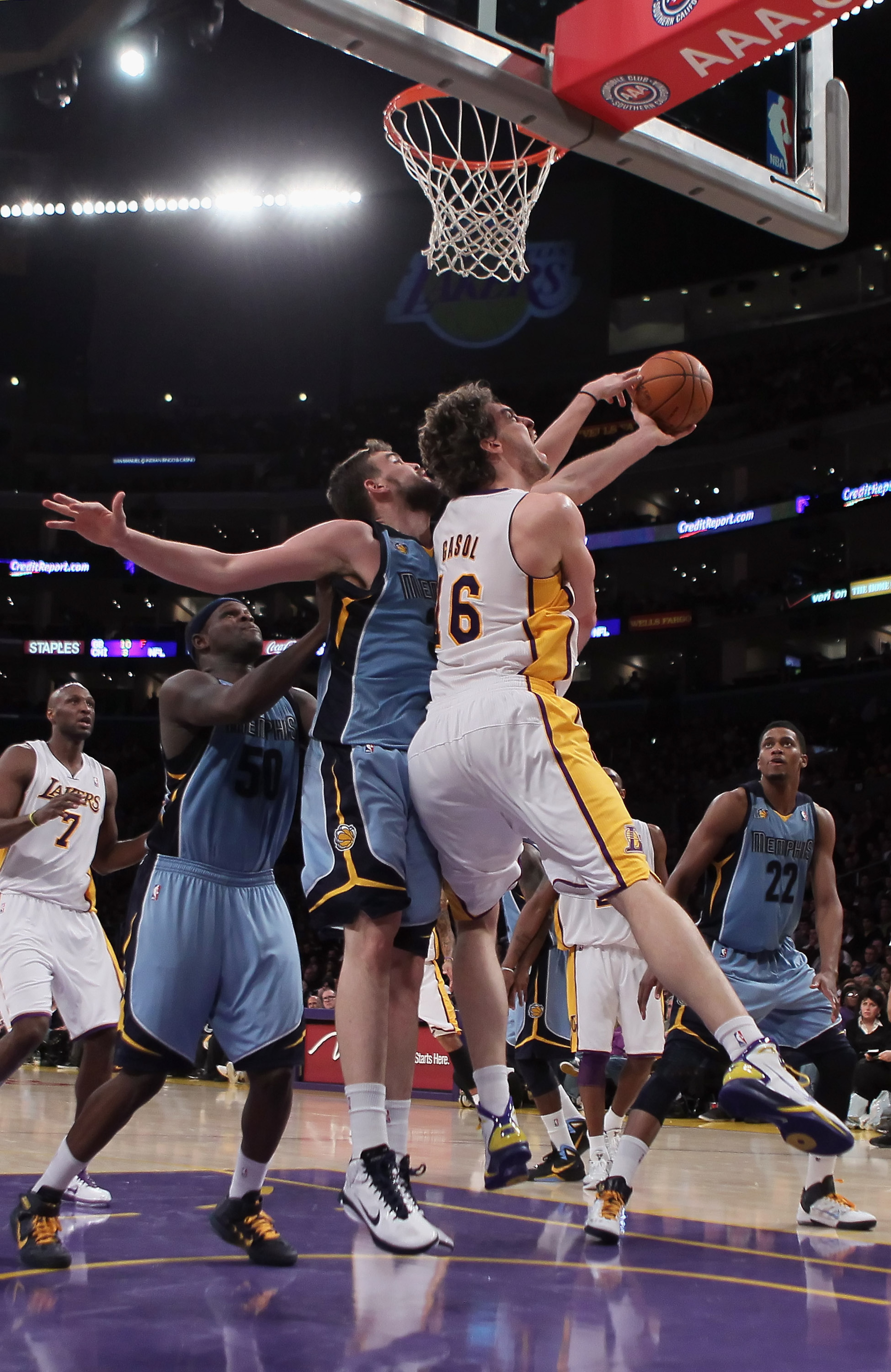 LOS ANGELES, CA - JANUARY 02: Pau Gasol #16 of the Los Angeles Lakers is defended by Marc Gasol #33 of the Memphis Grizzlies during the second half at Staples Center on January 2, 2011 in Los Angeles, California. The Grizzlies defeated the Lakers 104-85. LOS ANGELES, CA - JANUARY 02: Pau Gasol #16 of the Los Angeles Lakers is defended by Marc Gasol #33 of the Memphis Grizzlies during the second half at Staples Center on January 2, 2011 in Los Angeles, California. The Grizzlies defeated the Lakers 104-85.