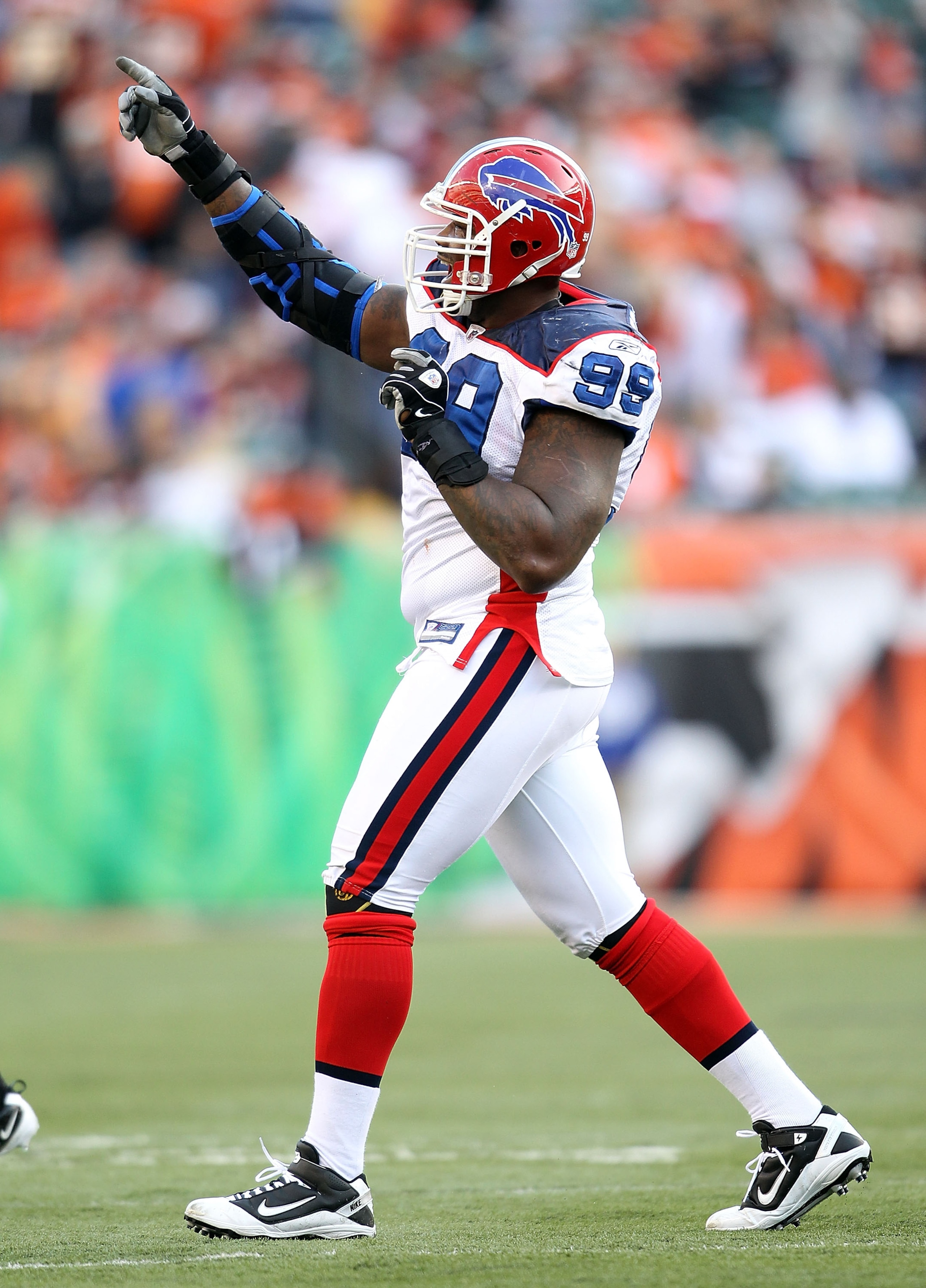 CINCINNATI - NOVEMBER 21: Marcus Stroud #99 of the Buffalo Bills celebrates during NFL game against the Cincinnati Bengals at Paul Brown Stadium on November 21, 2010 in Cincinnati, Ohio. The Bills won 49-21. (Photo by Andy Lyons/Getty Images) CINCINNATI - NOVEMBER 21: Marcus Stroud #99 of the Buffalo Bills celebrates during NFL game against the Cincinnati Bengals at Paul Brown Stadium on November 21, 2010 in Cincinnati, Ohio. The Bills won 49-21. (Photo by Andy Lyons/Getty Images)
