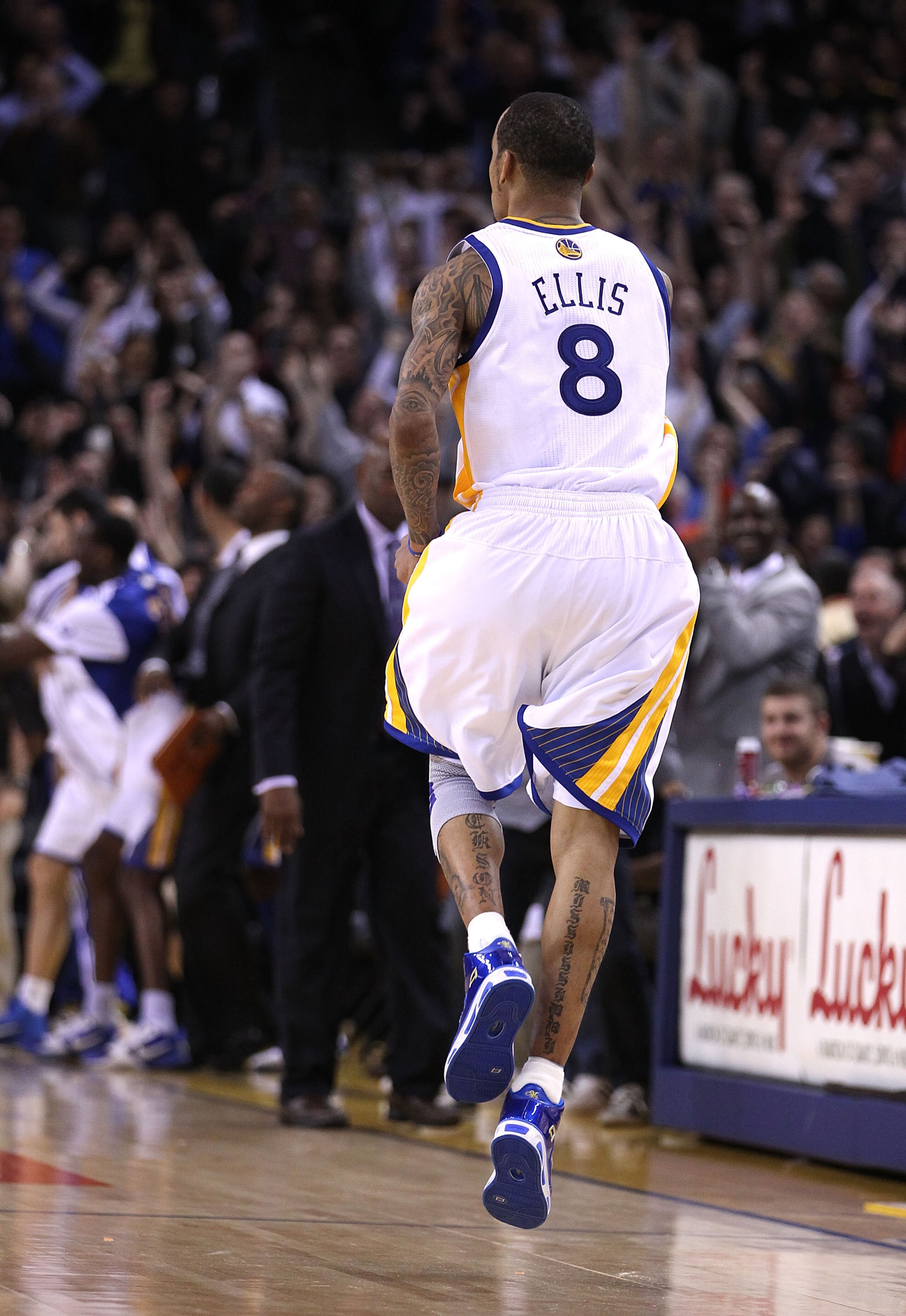 OAKLAND, CA - JANUARY 19:  Monta Ellis #8 of the Golden State Warriors runs back downcourt after he made the winning shot with 0.6 seconds left in their game againsts the Indiana Pacers at Oracle Arena on January 19, 2011 in Oakland, California.  NOTE TO