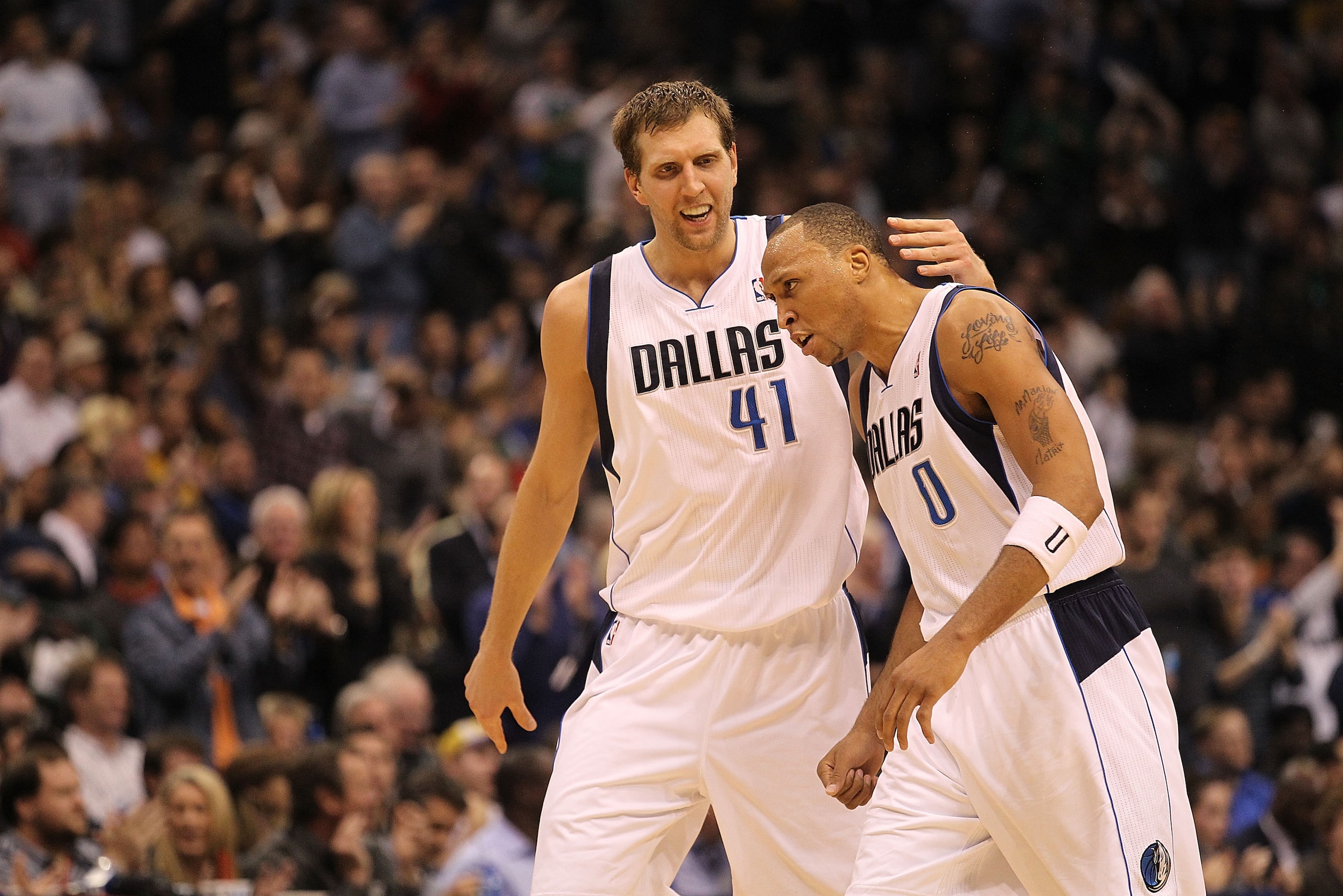 DALLAS, TX - JANUARY 19:  Dirk Nowitzki #41 and Shawn Marion #0 of the Dallas Mavericks react during play against the Los Angeles Lakers at American Airlines Center on January 19, 2011 in Dallas, Texas.  NOTE TO USER: User expressly acknowledges and agree