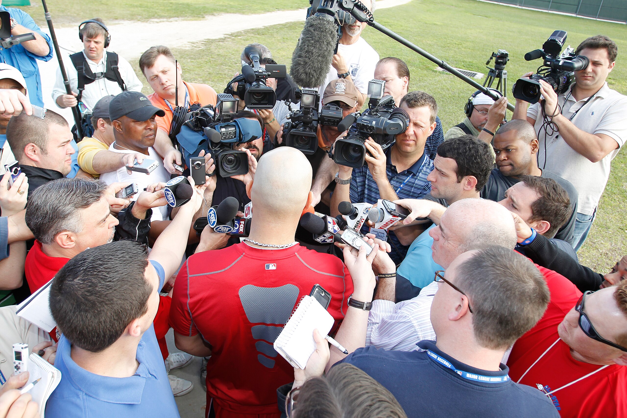 JUPITER, FL - FEBRUARY 17: Albert Pujols #5 of the St. Louis Cardinals answers questions from the media at Roger Dean Stadium on February 17, 2011 in Jupiter, Florida. (Photo by Joel Auerbach/Getty Images)