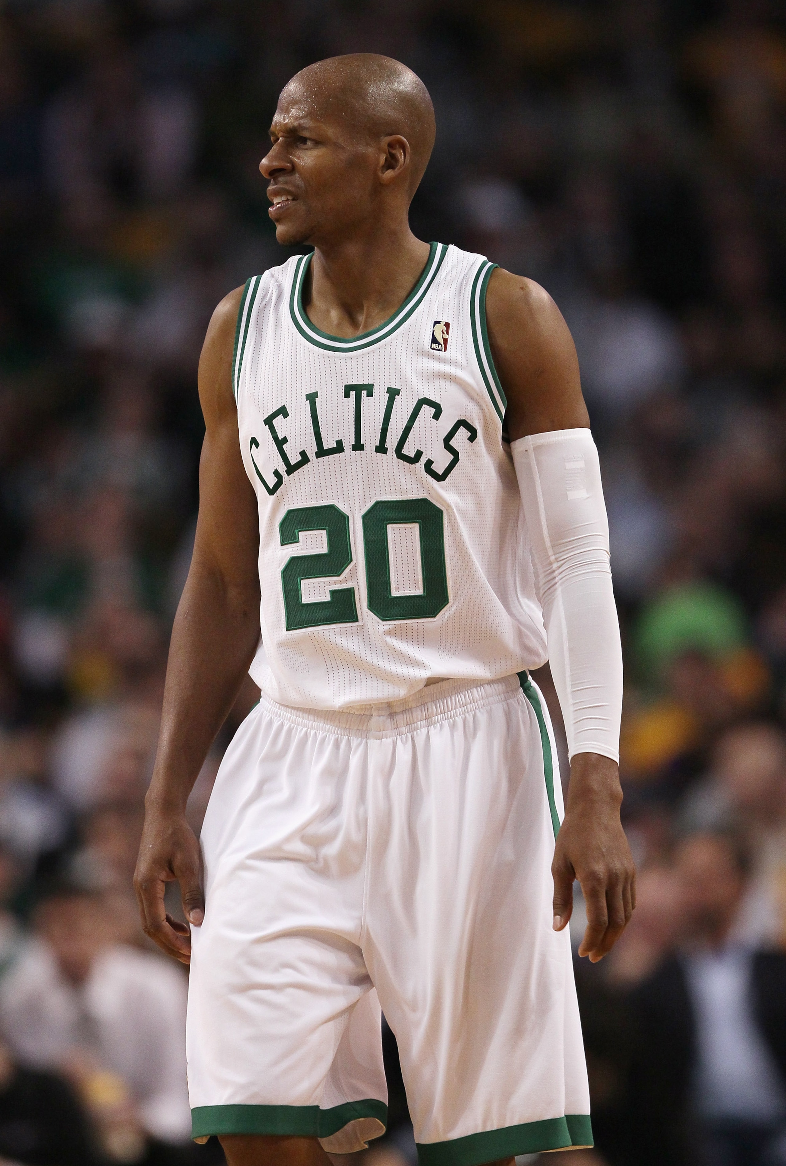 BOSTON, MA - FEBRUARY 10:  Ray Allen #20 of the Boston Celtics reacts to a call against him in the second half against the Los Angeles Lakers on February 10, 2011 at the TD Garden in Boston, Massachusetts.  The Lakers defeated the Celtics 92-86. NOTE TO U