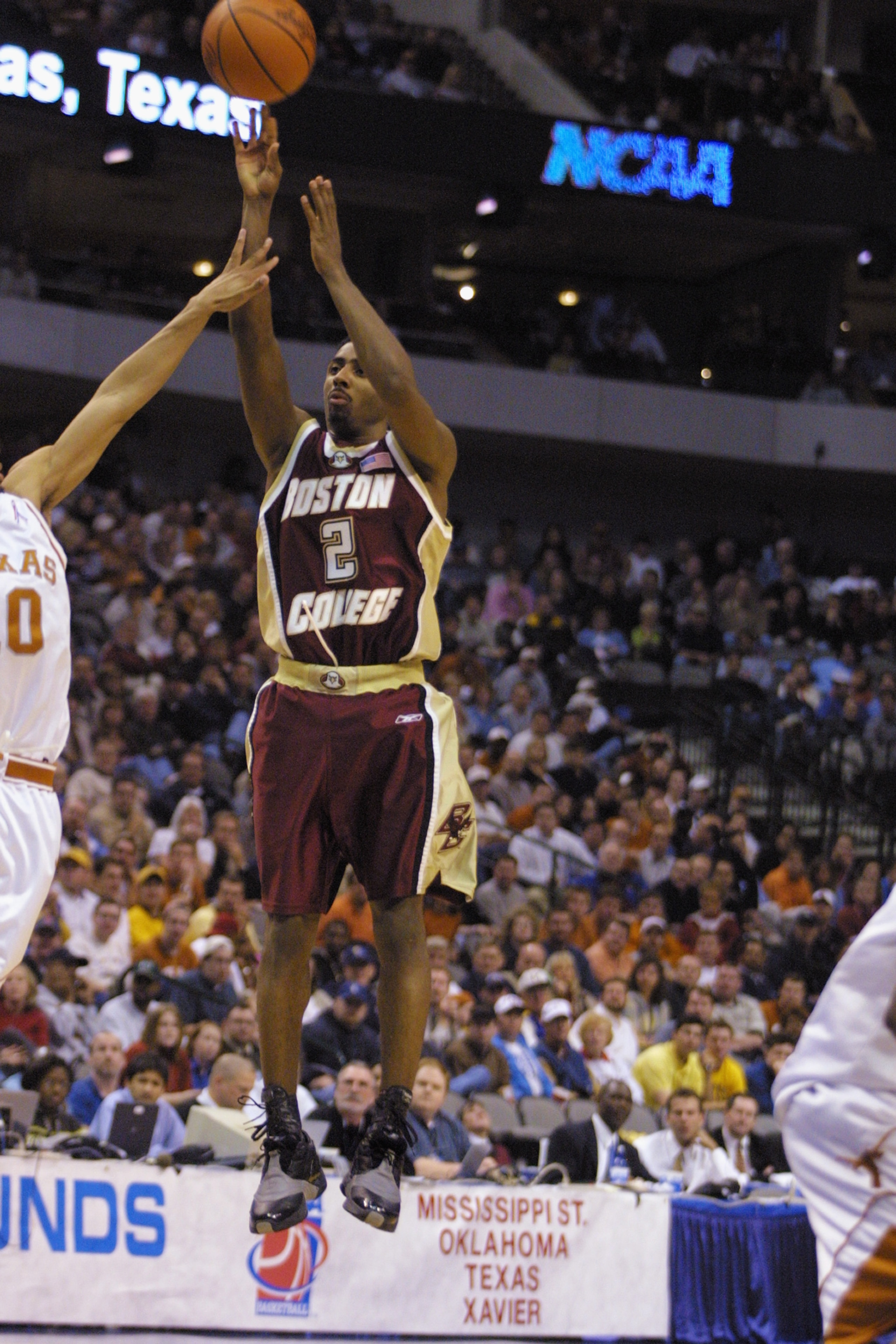 DALLAS - MARCH 15:  Guard Troy Bell #2 of the Boston College Eagles shoots the ball over center James Thomas #0 of the Texas Longhorns during the first round game of the 2002 NCAA Division I Men's Basketball Championship at American Airlines Arena in Dall