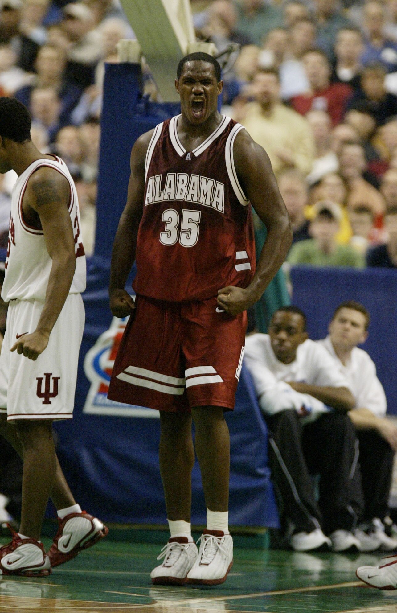 BOSTON, MA - MARCH 21:  Erwin Dudley #35 of the Alabama Crimson Tide  celebrates a play against the Indiana Hoosiers during the first round of the NCAA Championship on March 21, 2003 at the Fleet Center in Boston, Massachusetts. (Photo by Al Bello/Getty I