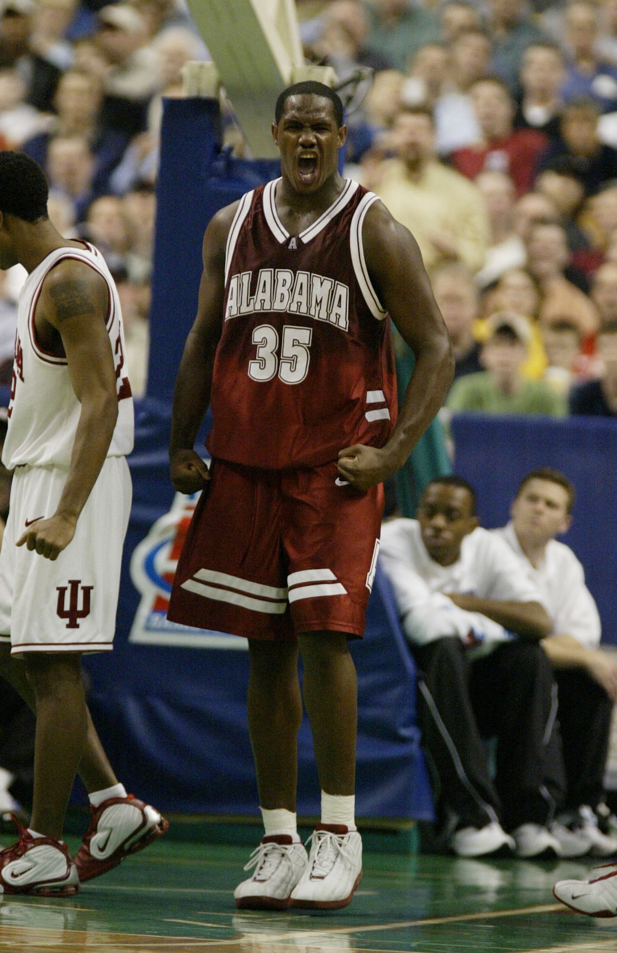 BOSTON, MA - MARCH 21:  Erwin Dudley #35 of the Alabama Crimson Tide  celebrates a play against the Indiana Hoosiers during the first round of the NCAA Championship on March 21, 2003 at the Fleet Center in Boston, Massachusetts. (Photo by Al Bello/Getty I