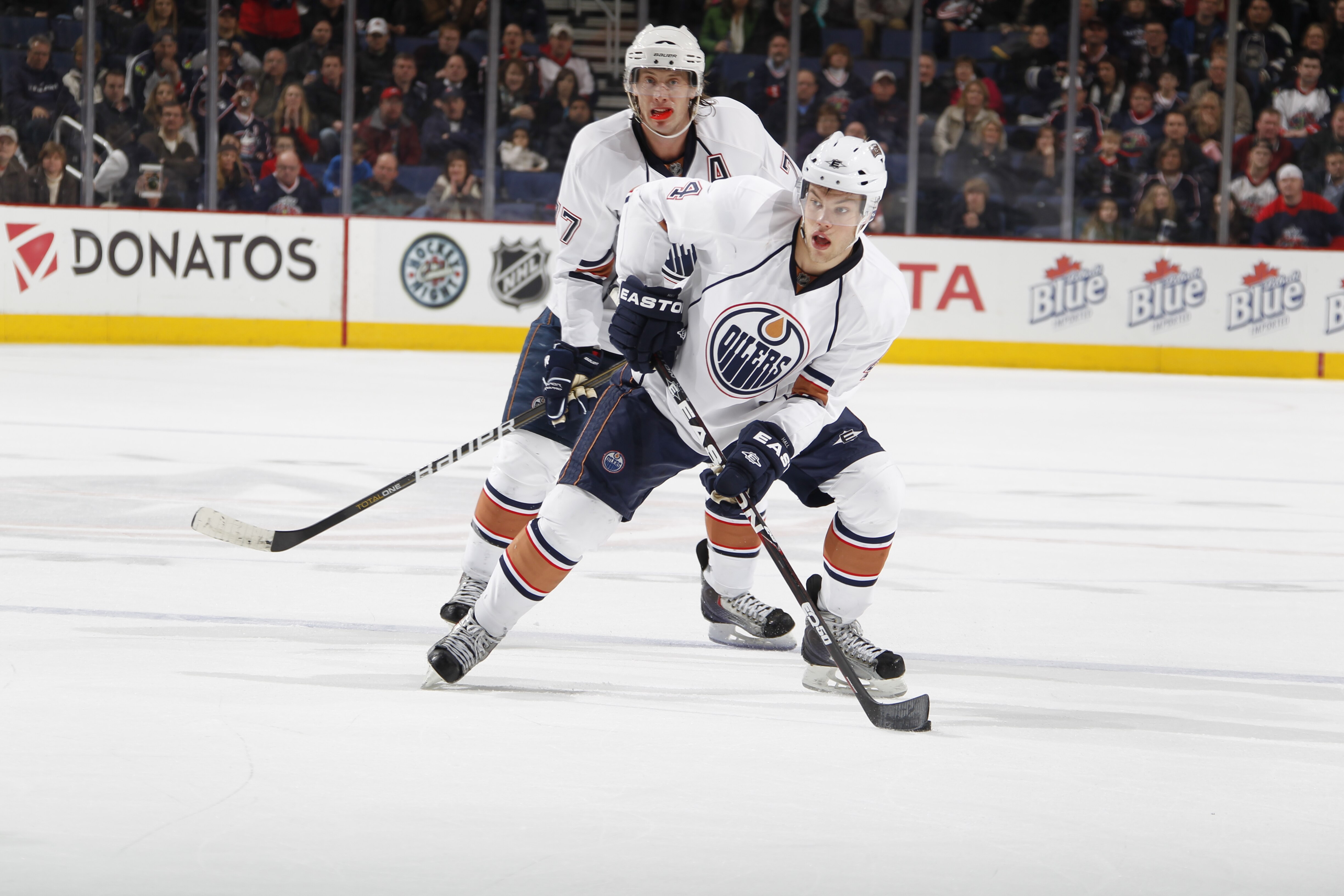 COLUMBUS, OH - FEBRUARY 05: Taylor Hall #4 of the Edmonton Oilers skates against the Columbus Blue Jackets at Nationwide Arena on February 5, 2011 in Columbus, Ohio.  (Photo by Gregory Shamus/Getty Images)