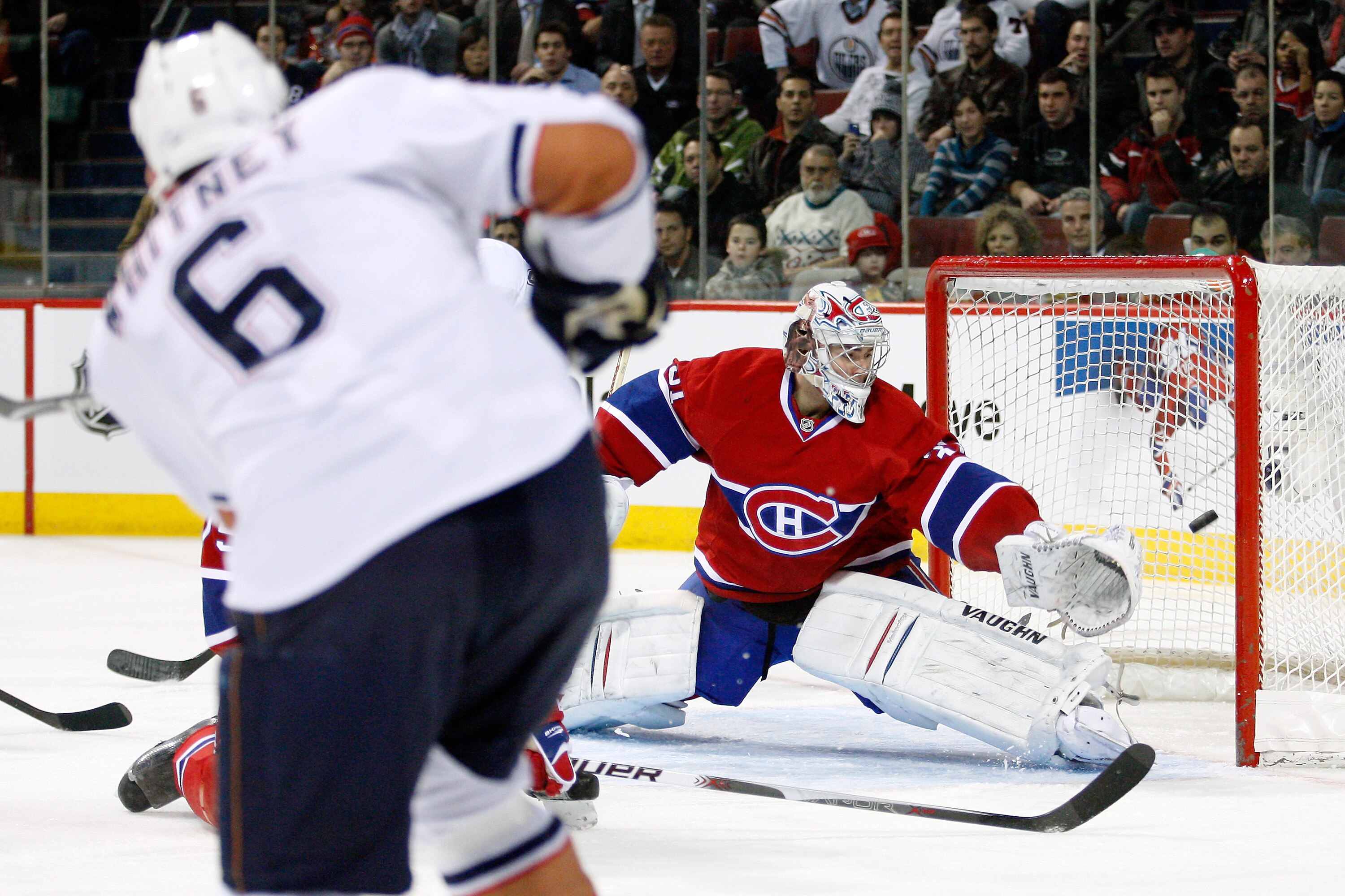 MONTREAL, CANADA - DECEMBER 01:  Carey Price #31 of the Montreal Canadiens watches the puck hit the post on a shot by Ryan Whitney #6 of the Edmonton Oilers during the NHL game at the Bell Centre on December 1, 2010 in Montreal, Quebec, Canada.  (Photo by