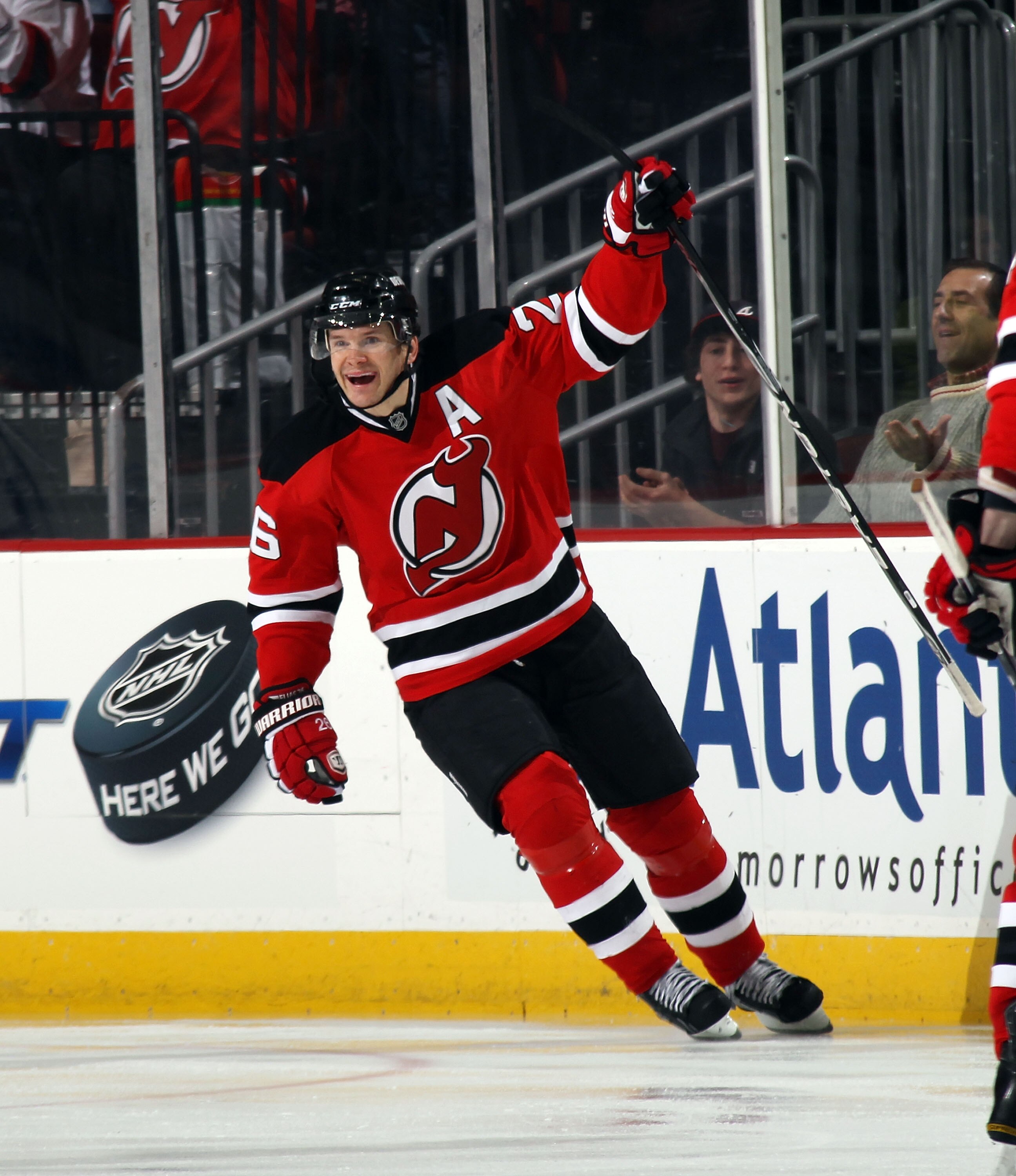 NEWARK, NJ - FEBRUARY 16: Patrik Elias #26 of the New Jersey Devils celebrates his game winning goal at 1:59 of the third period against the Carolina Hurricanes at the Prudential Center on February 16, 2011 in Newark, New Jersey. The Devils defeated the H