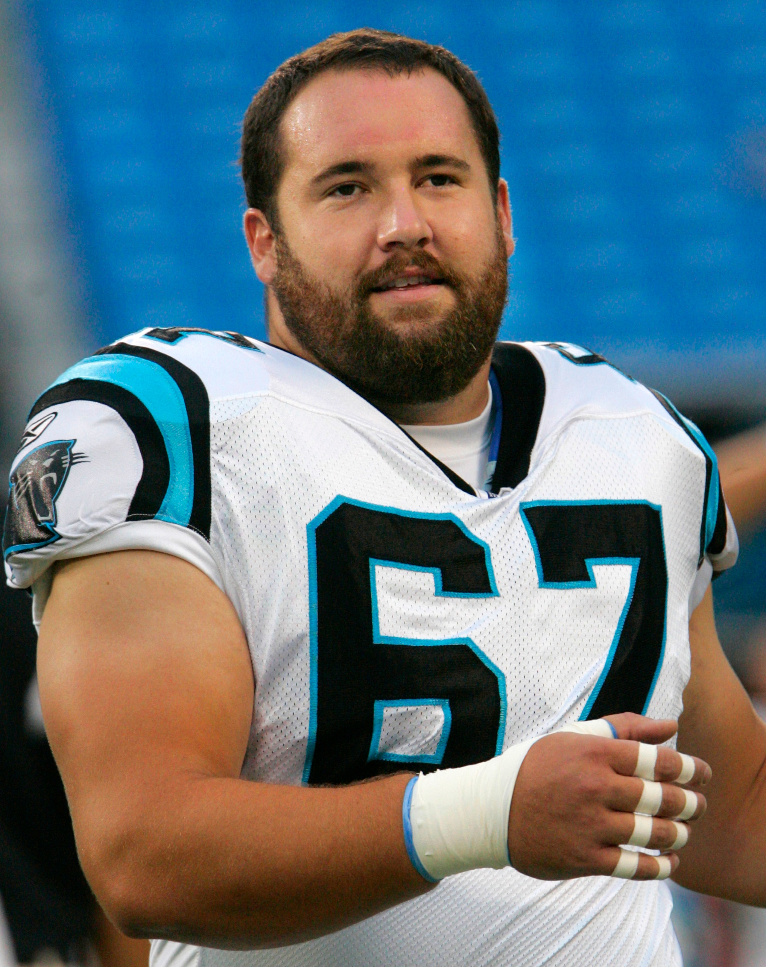 CHARLOTTE, NC - AUGUST 21: Center Ryan Kalil #67 of the Carolina Panthers stretches before the start their preseason game against the New York Jets at Bank of America Stadium on August 21, 2010 in Charlotte, North Carolina. (Photo by Mary Ann Chastain/Ge CHARLOTTE, NC - AUGUST 21: Center Ryan Kalil #67 of the Carolina Panthers stretches before the start their preseason game against the New York Jets at Bank of America Stadium on August 21, 2010 in Charlotte, North Carolina. (Photo by Mary Ann Chastain/Ge