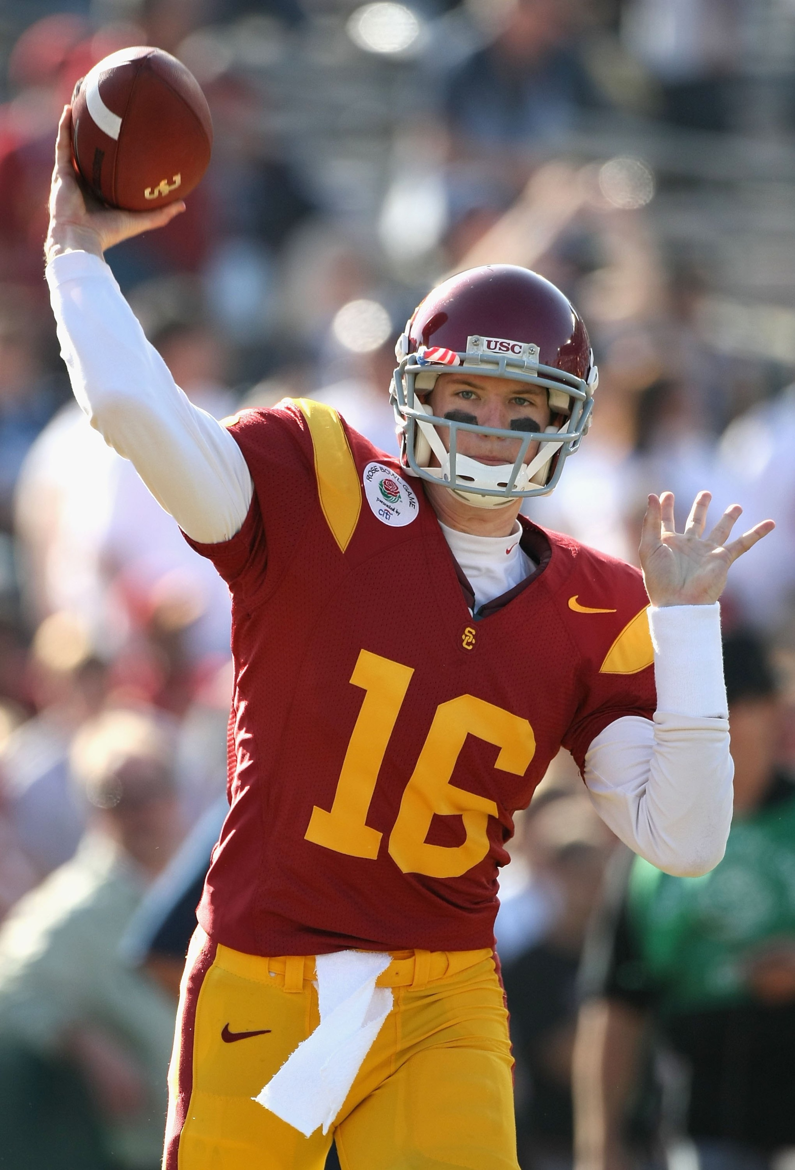 PASADENA, CA - JANUARY 01:  Quarterback Mitch Mustain #16 of the USC Trojans warms up before the 95th Rose Bowl Game presented by Citi against the Penn State Nittany Lions at the Rose Bowl on January 1, 2009 in Pasadena, California. The Trojans defeated t