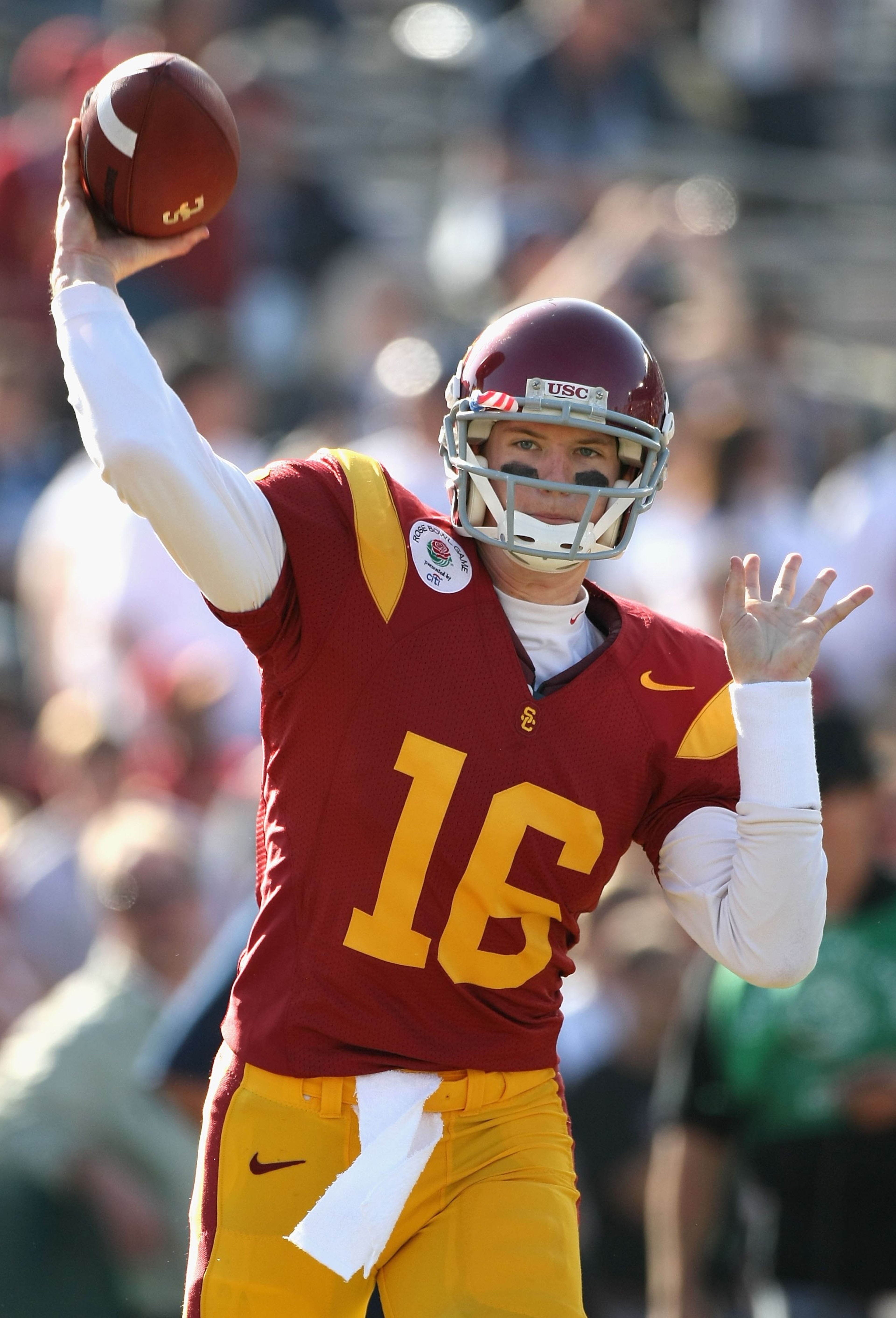 PASADENA, CA - JANUARY 01:  Quarterback Mitch Mustain #16 of the USC Trojans warms up before the 95th Rose Bowl Game presented by Citi against the Penn State Nittany Lions at the Rose Bowl on January 1, 2009 in Pasadena, California. The Trojans defeated t