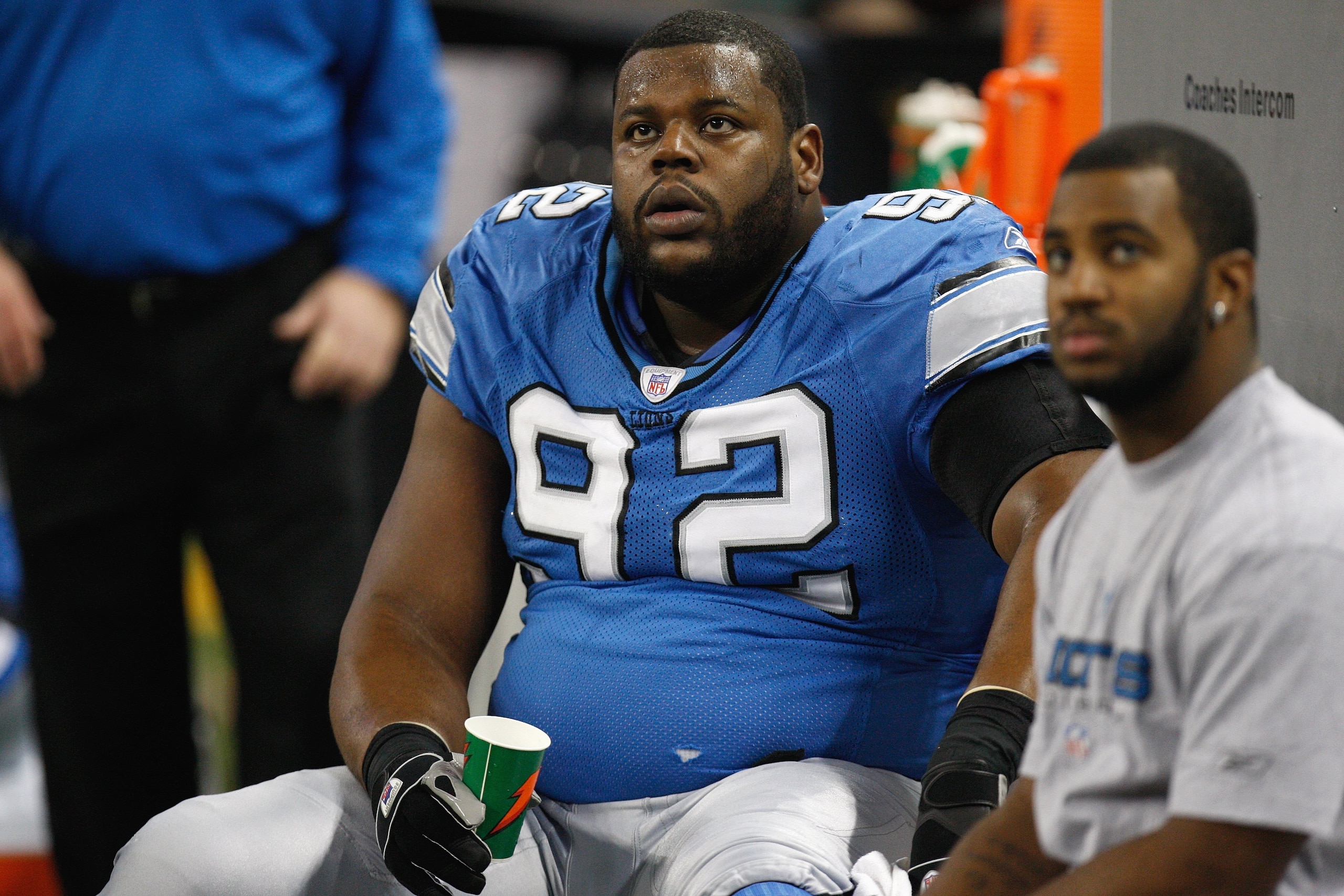 DETROIT - DECEMBER 23: Shaun Rogers #92 of the Detroit Lions watches from the bench during the game against the Kansas City Chiefs on December 23, 2007 at Ford Field in Detroit, Michigan. (Photo byGregory Shamus/Getty Images) DETROIT - DECEMBER 23: Shaun Rogers #92 of the Detroit Lions watches from the bench during the game against the Kansas City Chiefs on December 23, 2007 at Ford Field in Detroit, Michigan. (Photo byGregory Shamus/Getty Images)
