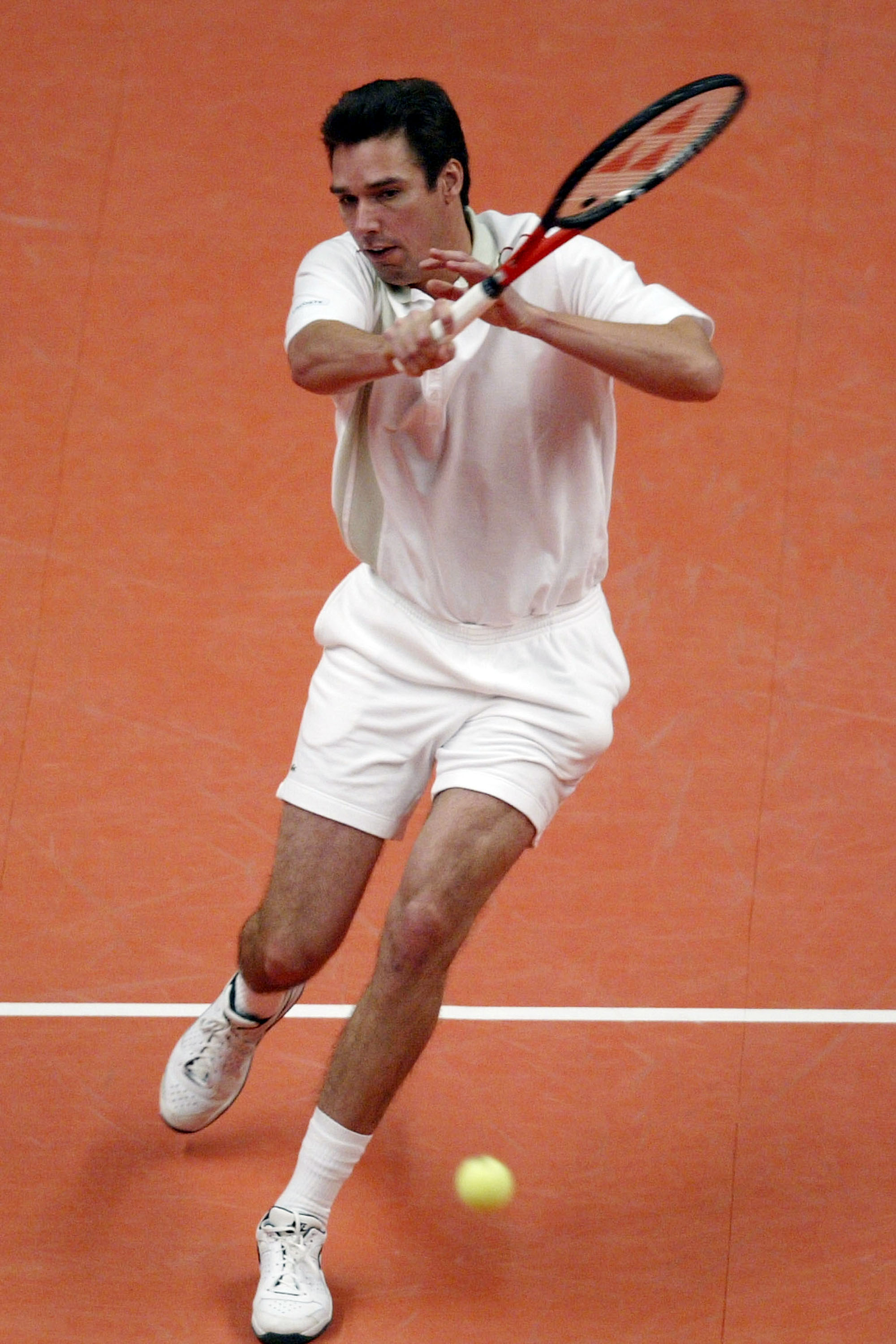 LONDON - DECEMBER 4:  Michael Stich in action during his match against Boris Becker during the Honda Challenge 2003 at The Royal Albert Hall on December 4, 2003 in London.  (Photo by Ian Walton/Getty Images)