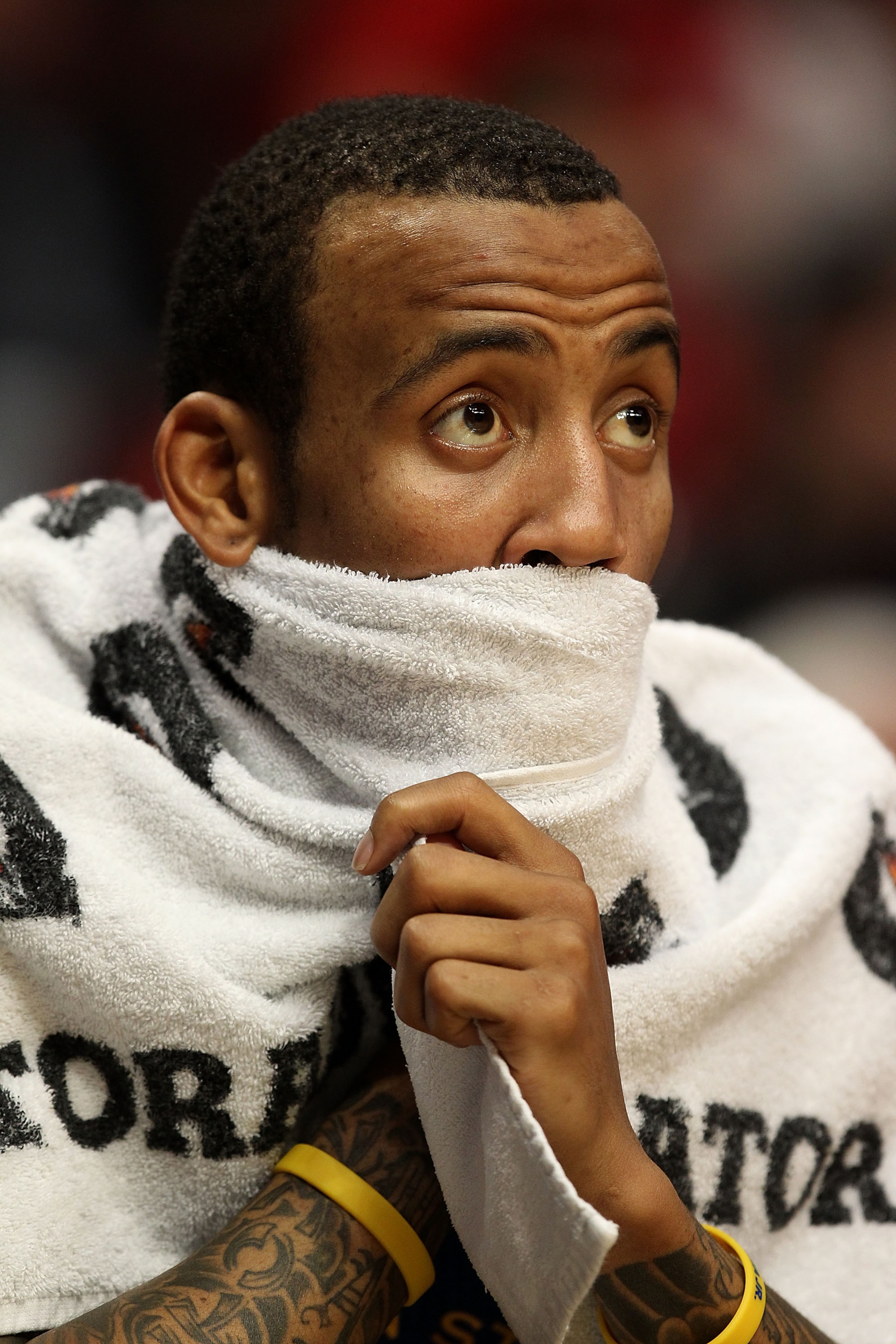 CHICAGO - NOVEMBER 11: Monta Ellis #8 of the Golden State Warriors watches his teammates from the bench near the end of a loss to the Chicago Bulls at the United Center on November 11, 2010 in Chicago, Illinois. The Bulls defeated the Warriors 120-90. NOT