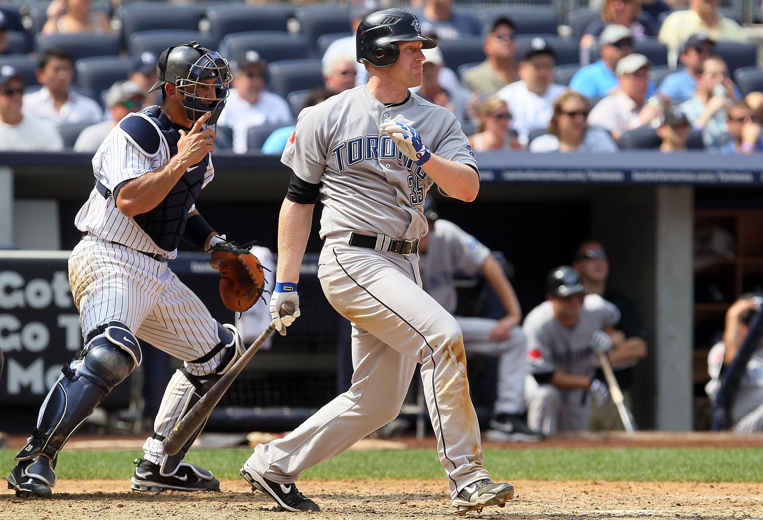 NEW YORK - AUGUST 04:  Lyle Overbay #35 of the Toronto Blue Jays bats against the New York Yankees on August 4, 2010 at Yankee Stadium in the Bronx borough of New York City.  (Photo by Jim McIsaac/Getty Images)