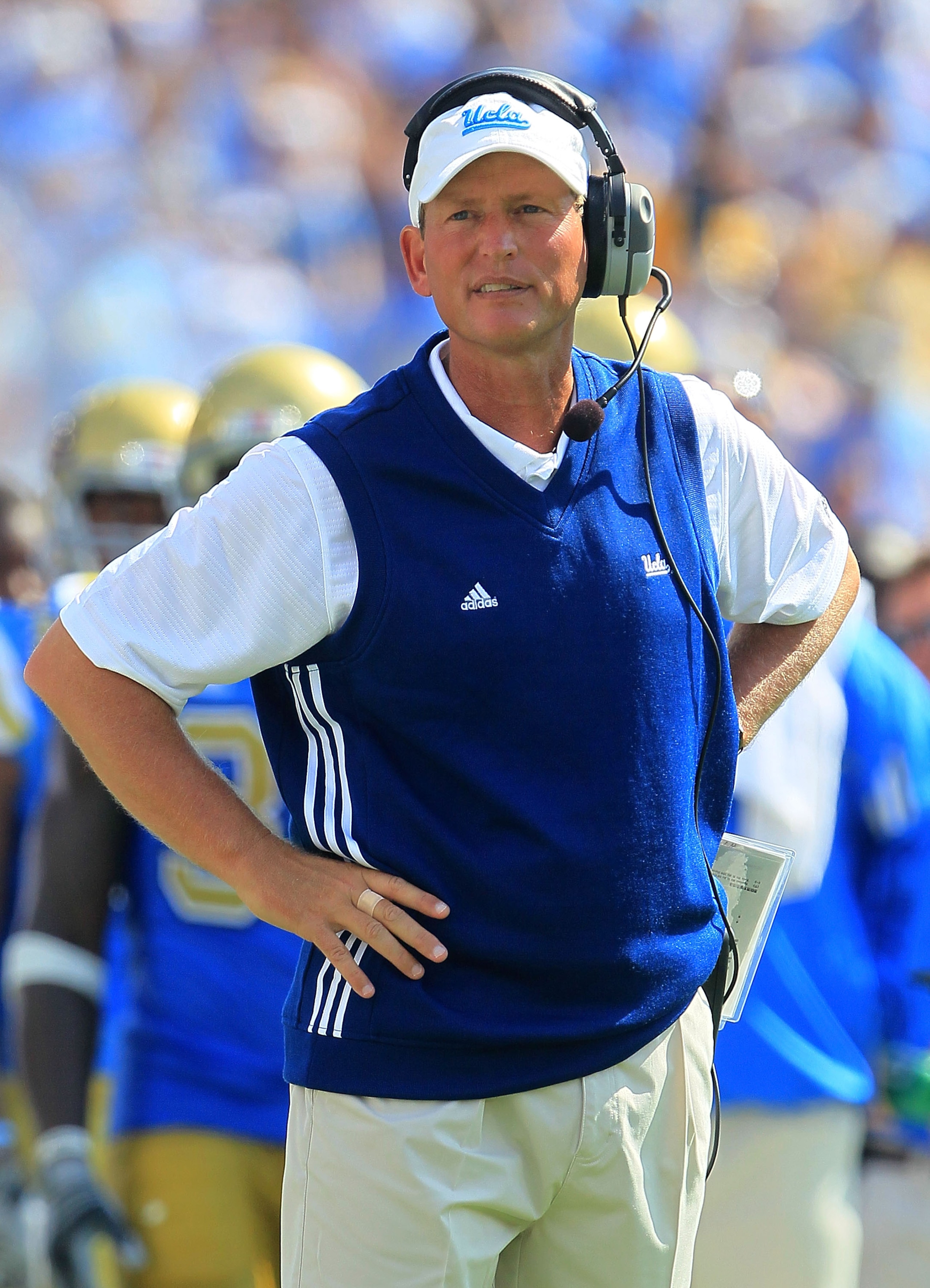 PASADENA, CA - OCTOBER 02: Head Coach Rick Neuheisel of the UCLA Bruins watches the game against the Washington State Cougars during the game at the Rose Bowl on October 2, 2010 in Pasadena, California. UCLA defeated Washington State 42-28. (Photo by Je PASADENA, CA - OCTOBER 02: Head Coach Rick Neuheisel of the UCLA Bruins watches the game against the Washington State Cougars during the game at the Rose Bowl on October 2, 2010 in Pasadena, California. UCLA defeated Washington State 42-28. (Photo by Je