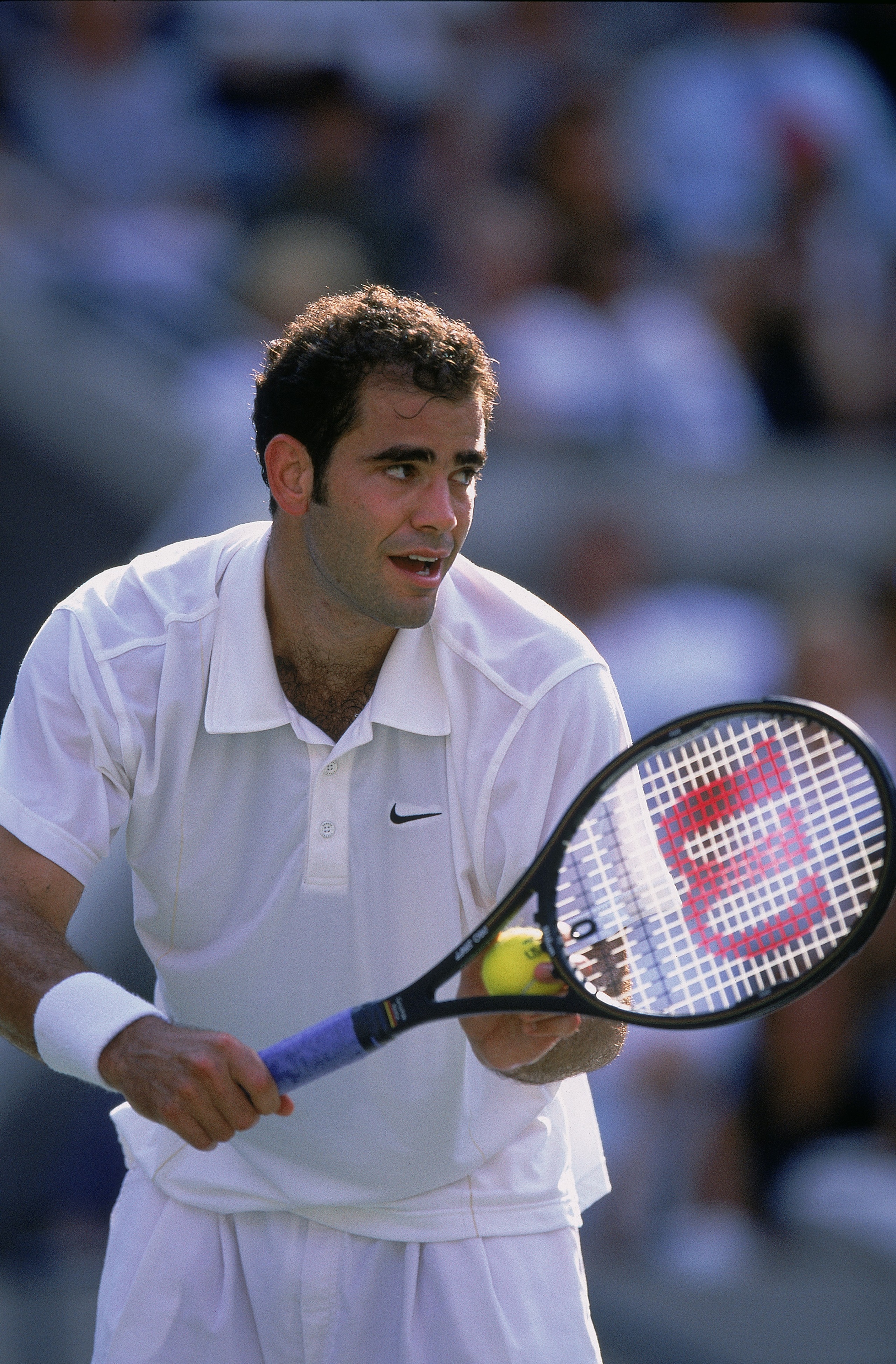 9 Sep 2001:   Pete Sampras of the United States serving the ball during the US Open Match against Llevton Hewitt of Australia at the US National Tennis Center in Flushing, New York. Llevton Hewitt defeated Pete Sampras 7-6, 6-1, 6-1.Mandatory Credit: Jami