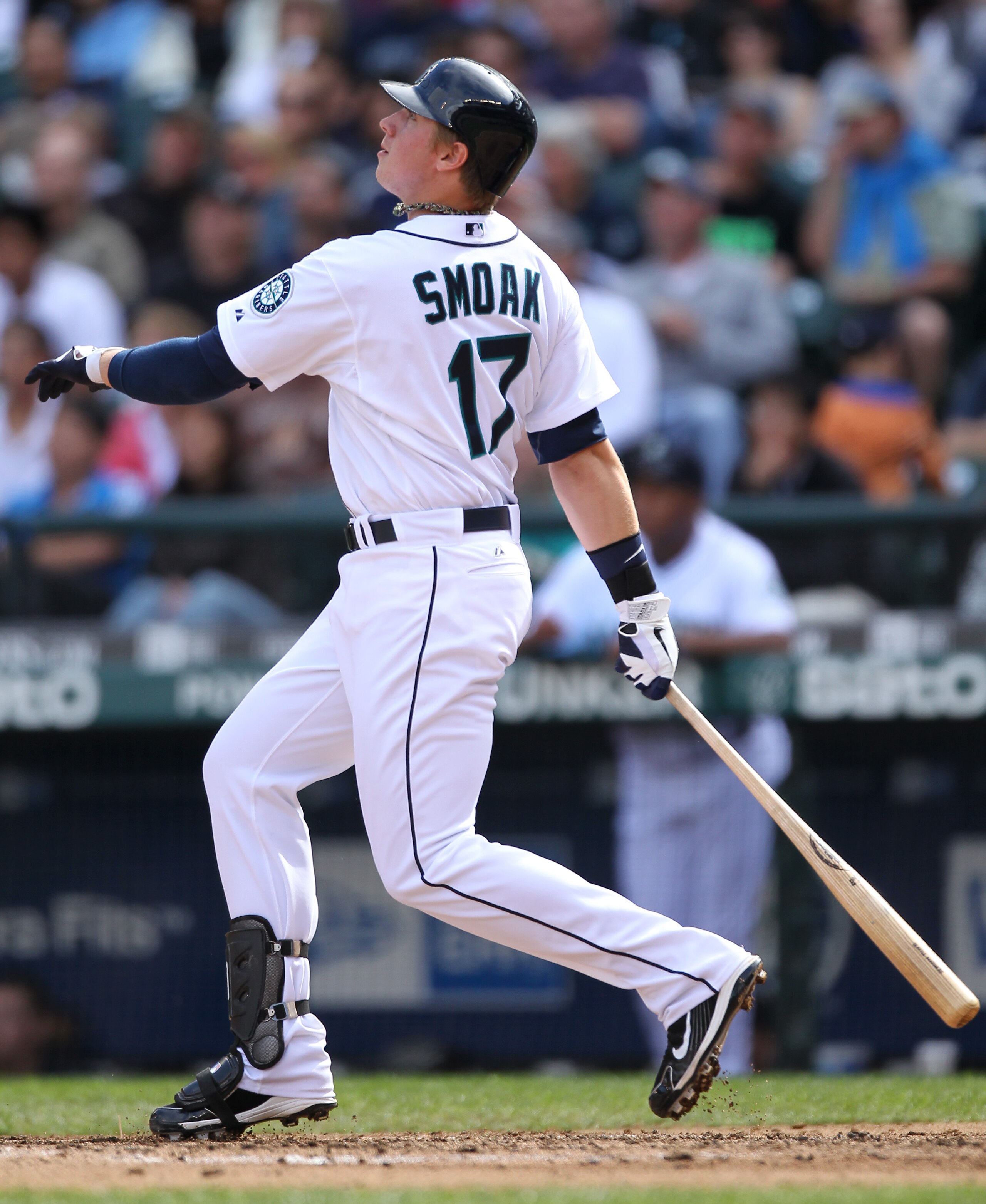 SEATTLE - SEPTEMBER 19:  Justin Smoak #17 of the Seattle Mariners bats against the Texas Rangers at Safeco Field on September 19, 2010 in Seattle, Washington. (Photo by Otto Greule Jr/Getty Images)