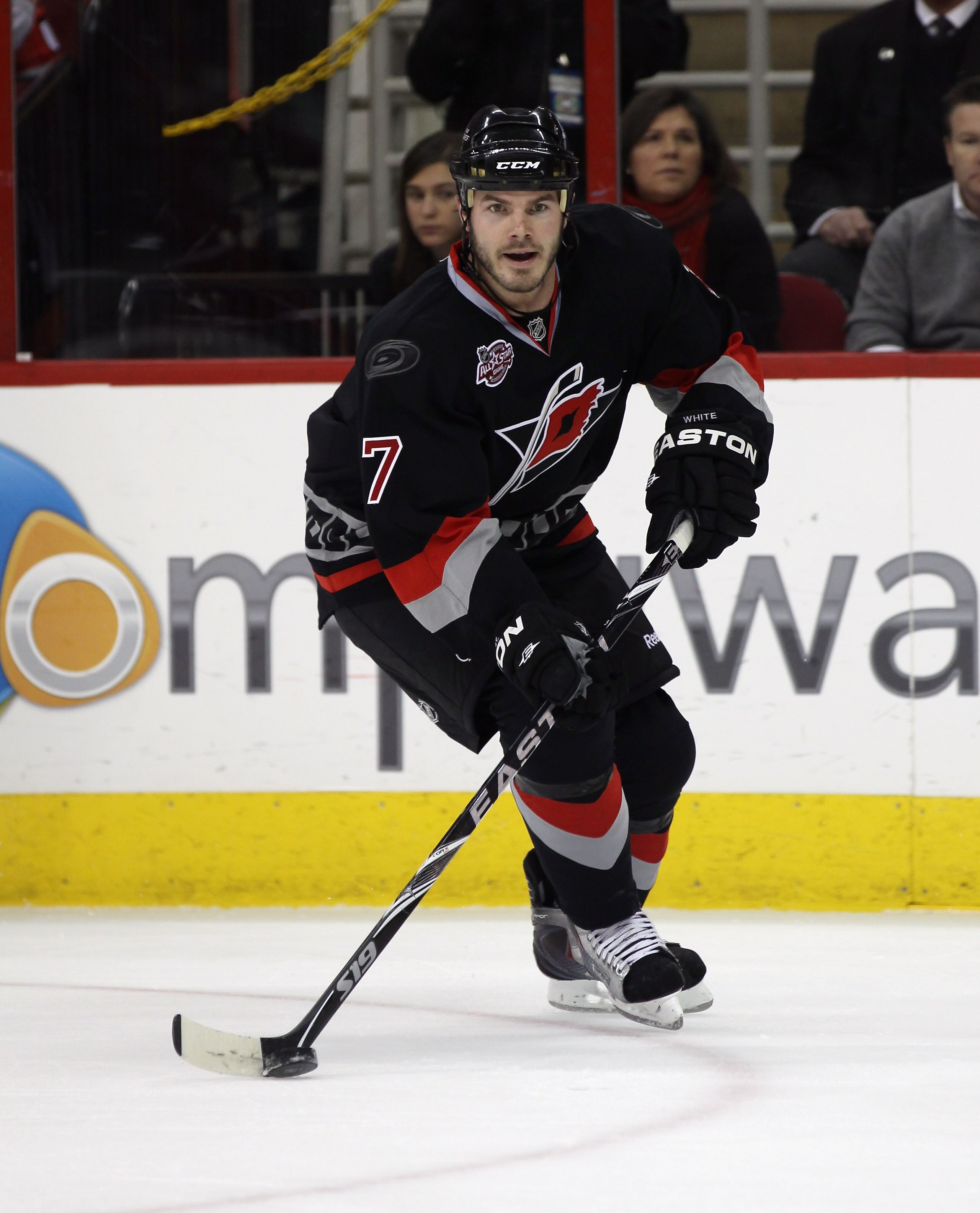 RALEIGH, NC - NOVEMBER 29:  Ian White #7 of the Carolina Hurricanes skates against the Dallas Stars at the RBC Center on November 29, 2010 in Raleigh, North Carolina. The Stars defeated the Hurricanes 4-1.  (Photo by Bruce Bennett/Getty Images)