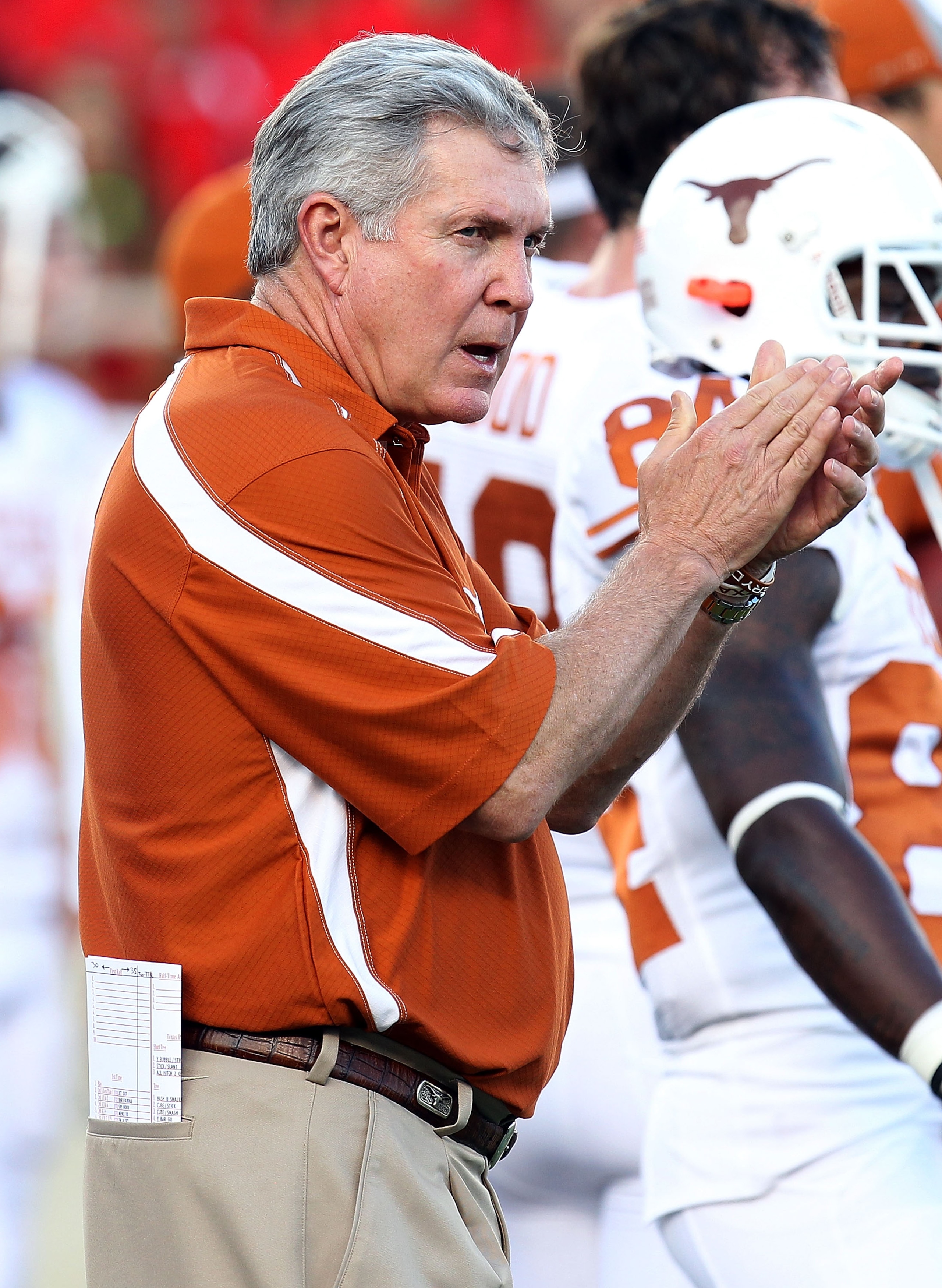 LUBBOCK, TX - SEPTEMBER 18: Head coach Mack Brown of the Texas Longhorns at Jones AT&T Stadium on September 18, 2010 in Lubbock, Texas. (Photo by Ronald Martinez/Getty Images) LUBBOCK, TX - SEPTEMBER 18: Head coach Mack Brown of the Texas Longhorns at Jones AT&T Stadium on September 18, 2010 in Lubbock, Texas. (Photo by Ronald Martinez/Getty Images)