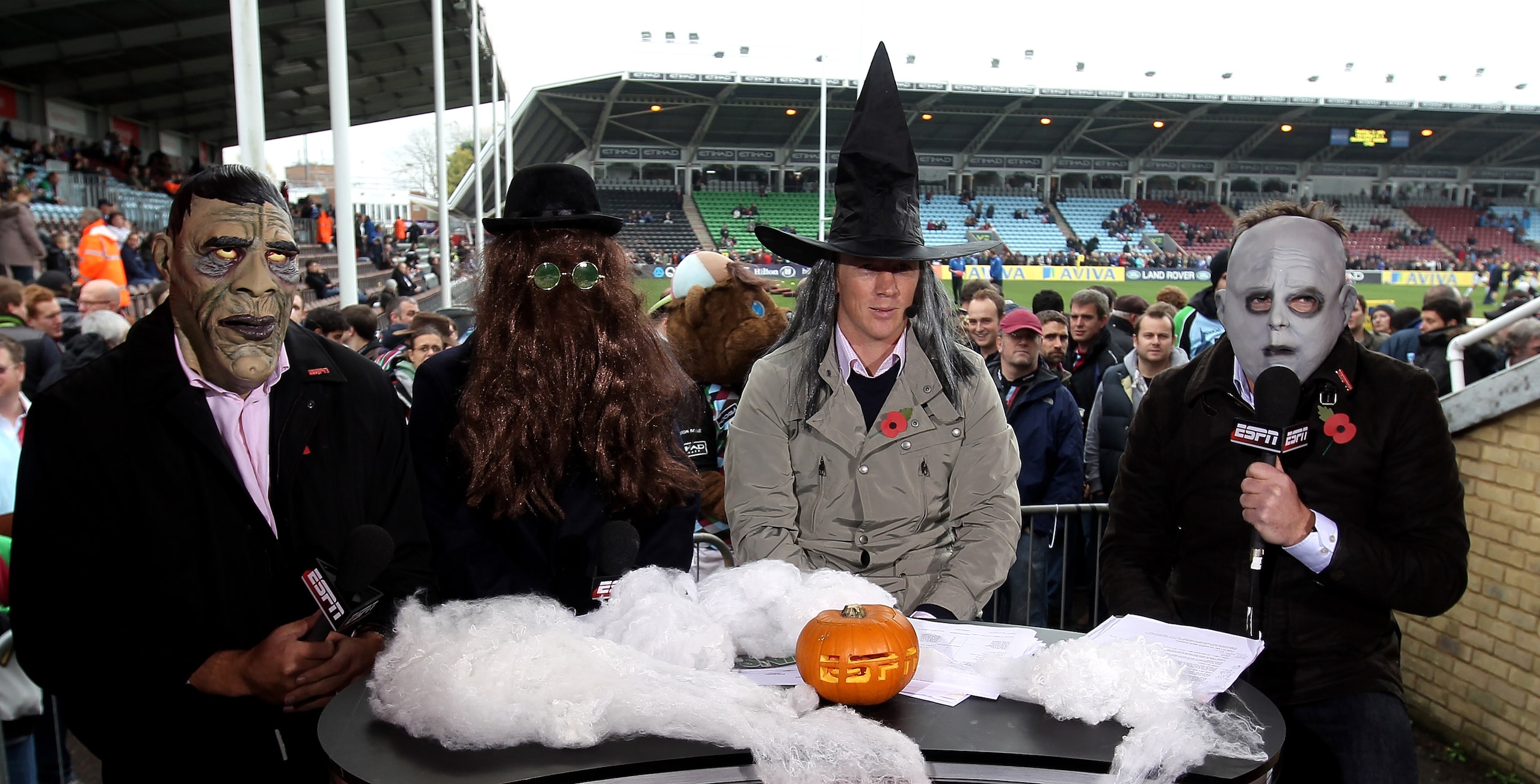 TWICKENHAM, ENGLAND - OCTOBER 31:  (L-R) Ben Kay, Austin Healey and Pete Richards all former England players now ESPN rugby pundits together with presenter Mark Durden-Smith dress up for Halloween during the Aviva Premiership match between Harlequins and