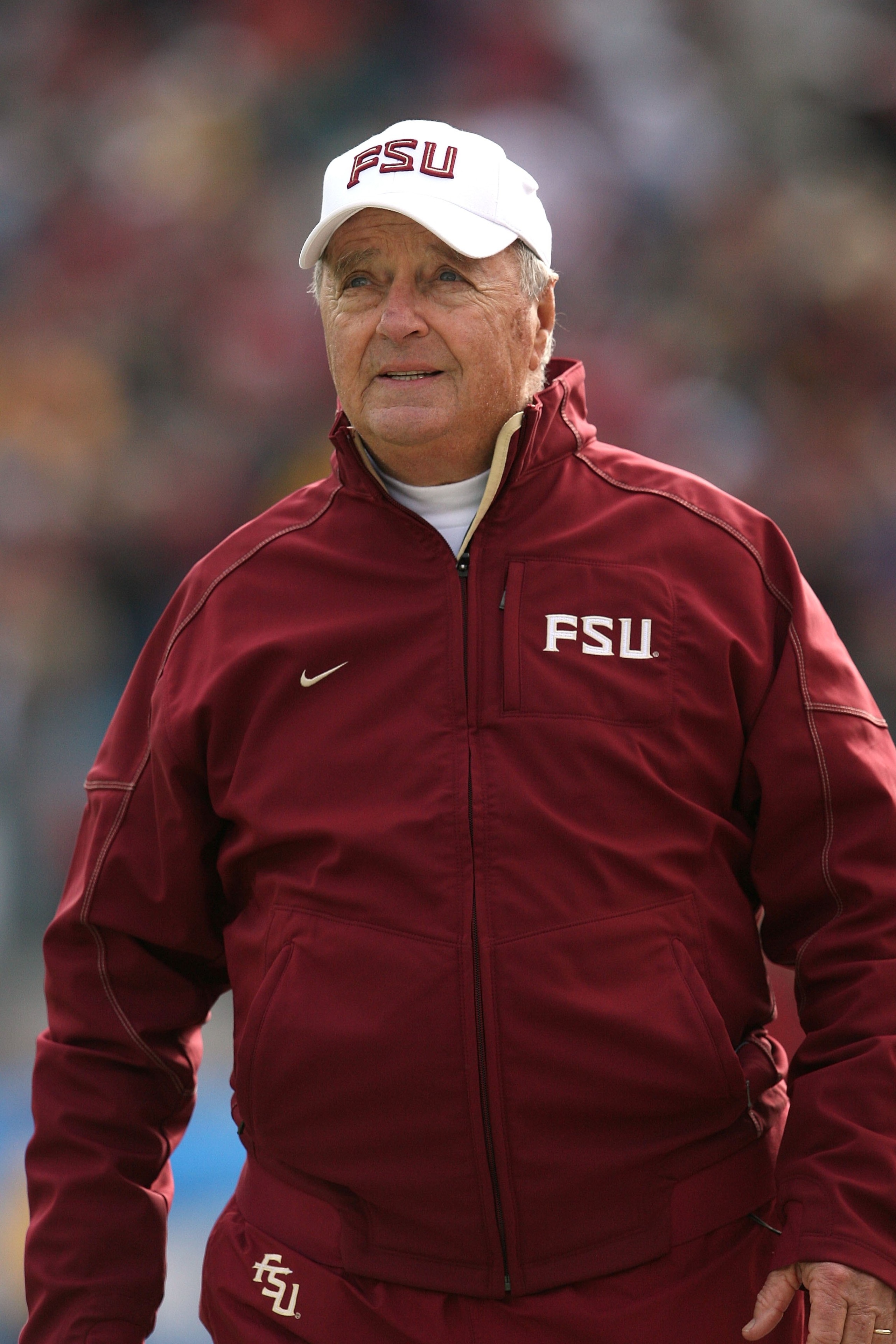 JACKSONVILLE, FL - JANUARY 01: Head coach Bobby Bowden of the Florida State Seminoles watches his team take on the West Virginia Mountaineers during the Konica Minolta Gator Bowl on January 1, 2010 in Jacksonville, Florida. Florida State defeated West Vi JACKSONVILLE, FL - JANUARY 01: Head coach Bobby Bowden of the Florida State Seminoles watches his team take on the West Virginia Mountaineers during the Konica Minolta Gator Bowl on January 1, 2010 in Jacksonville, Florida. Florida State defeated West Vi
