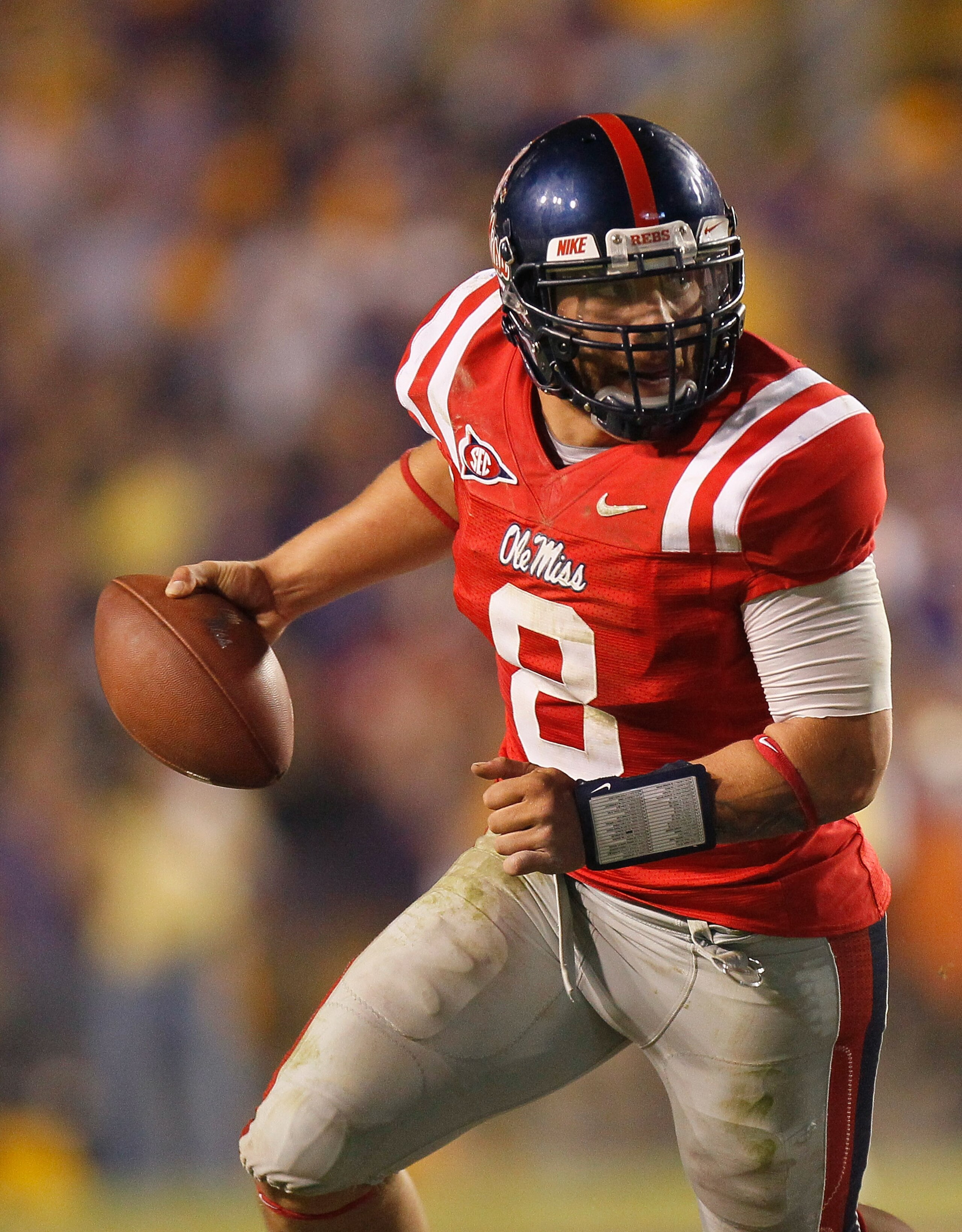 BATON ROUGE, LA - NOVEMBER 20:  Jeremiah Masoli #8 of the Ole Miss Rebels against the Louisiana State University Tigers at Tiger Stadium on November 20, 2010 in Baton Rouge, Louisiana.  (Photo by Kevin C. Cox/Getty Images)
