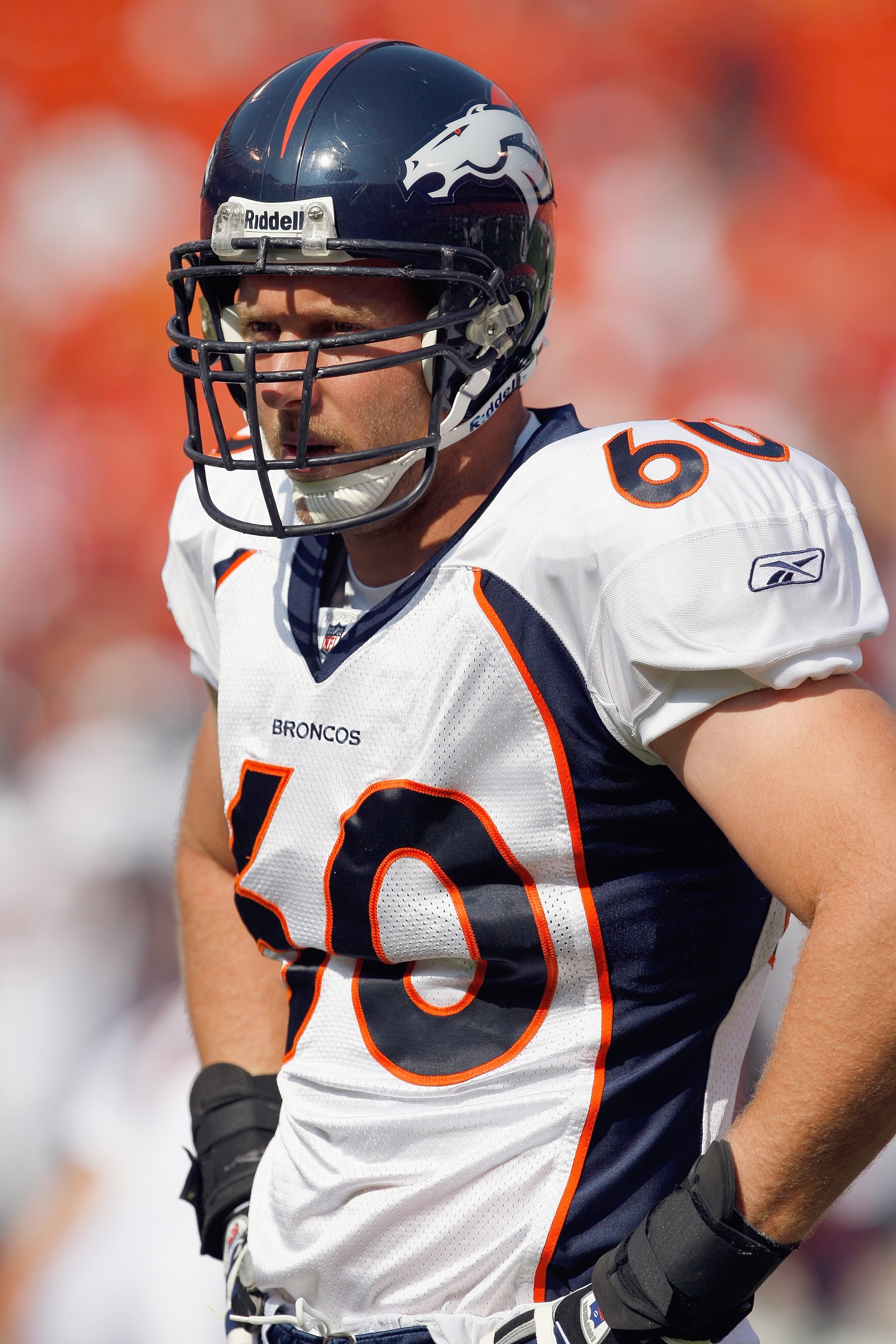 KANSAS CITY - SEPTEMBER 28:  John Engelberger #60 of the Denver Broncos stands on the field before the game against the Kansas City Chiefs on September 28, 2008 at Arrowhead Stadium in Kansas City, Missouri. The Chiefs defeated the Broncos 33-19.  (Photo