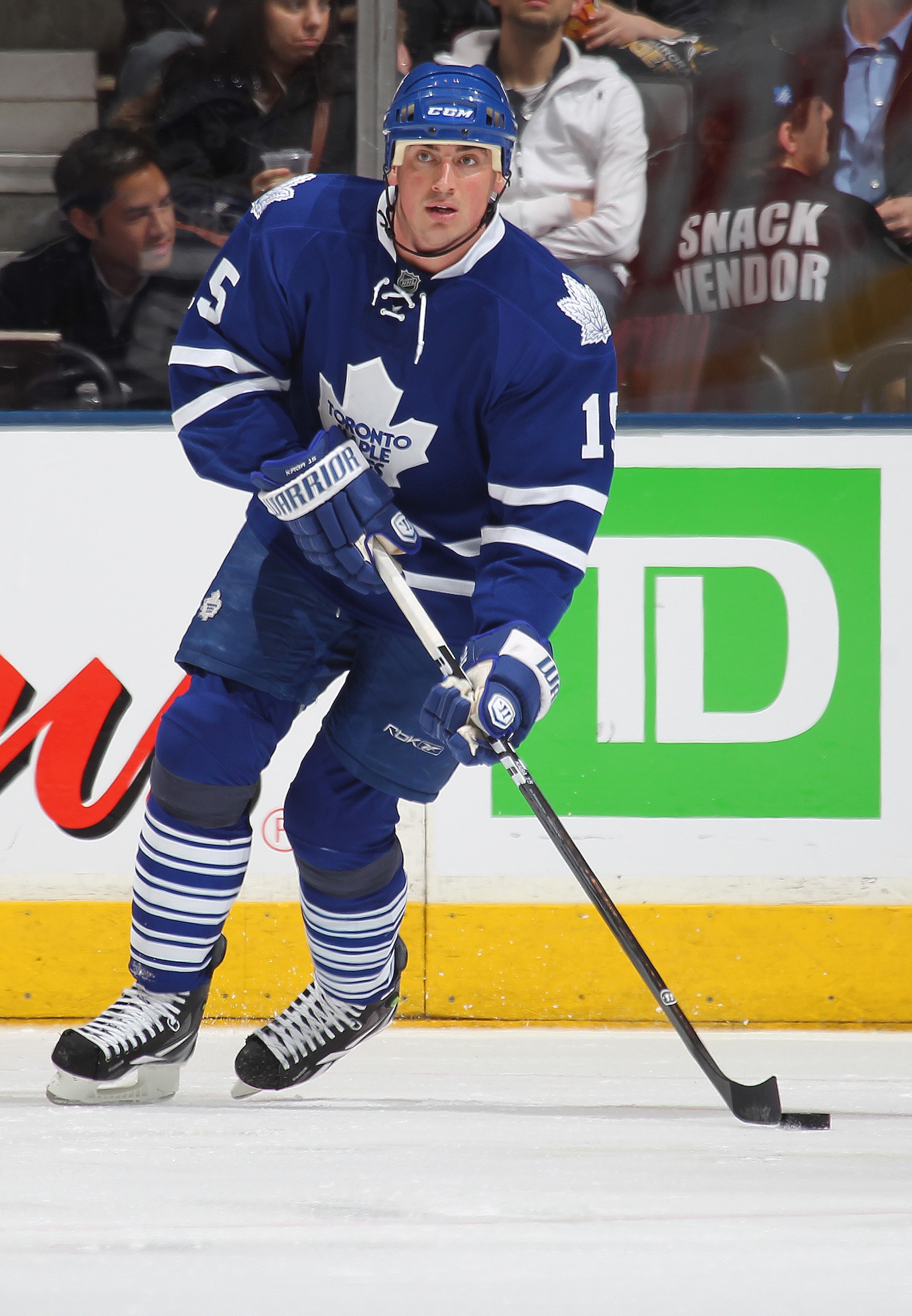 TORONTO, CAN - FEBRUARY 7:  Tomas Kaberle #15 of the Toronto Maple Leafs skates with the puck in a game against the Atlanta Thrashers on February 7, 2011 at the Air Canada Centre in Toronto, Canada. The Leafs defeated the Thrashers 5-4. (Photo by Claus An