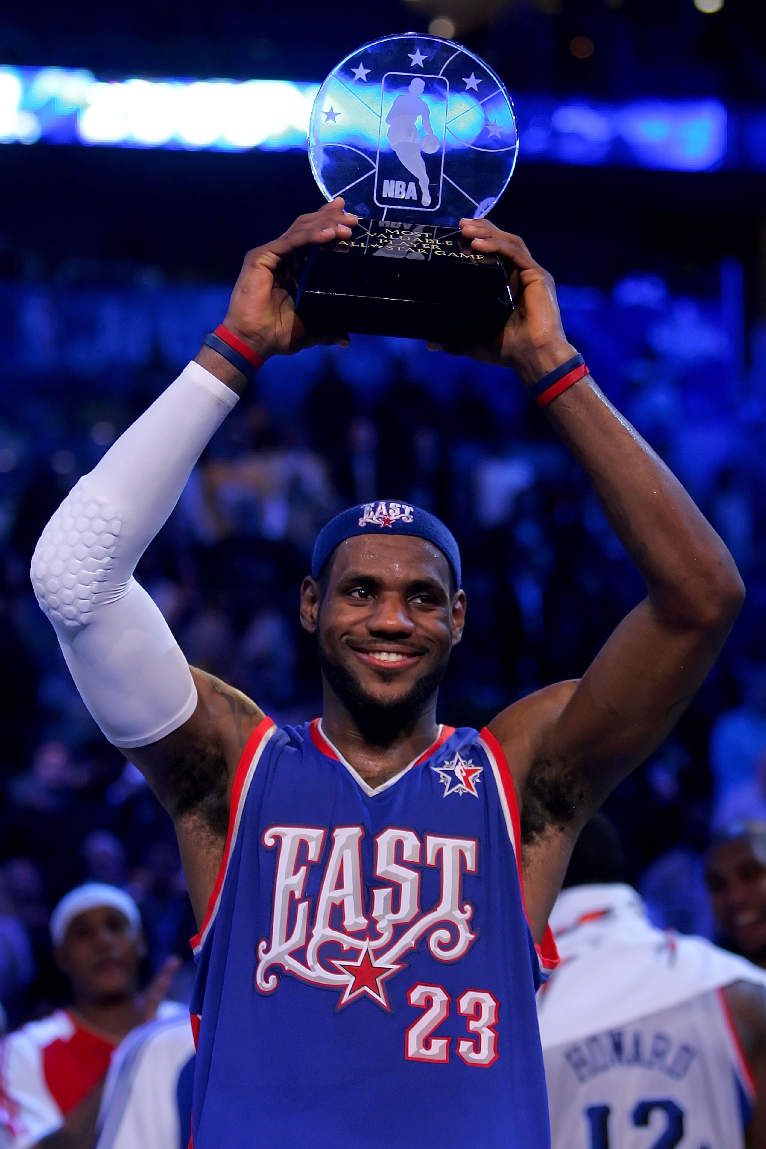 NEW ORLEANS - FEBRUARY 17:  LeBron James #23 of the Eastern Conference holds up the MVP trophy after the East won the 57th NBA All-Star Game, part of 2008 NBA All-Star Weekend at the New Orleans Arena on February 17, 2008 in New Orleans, Louisiana.  The E