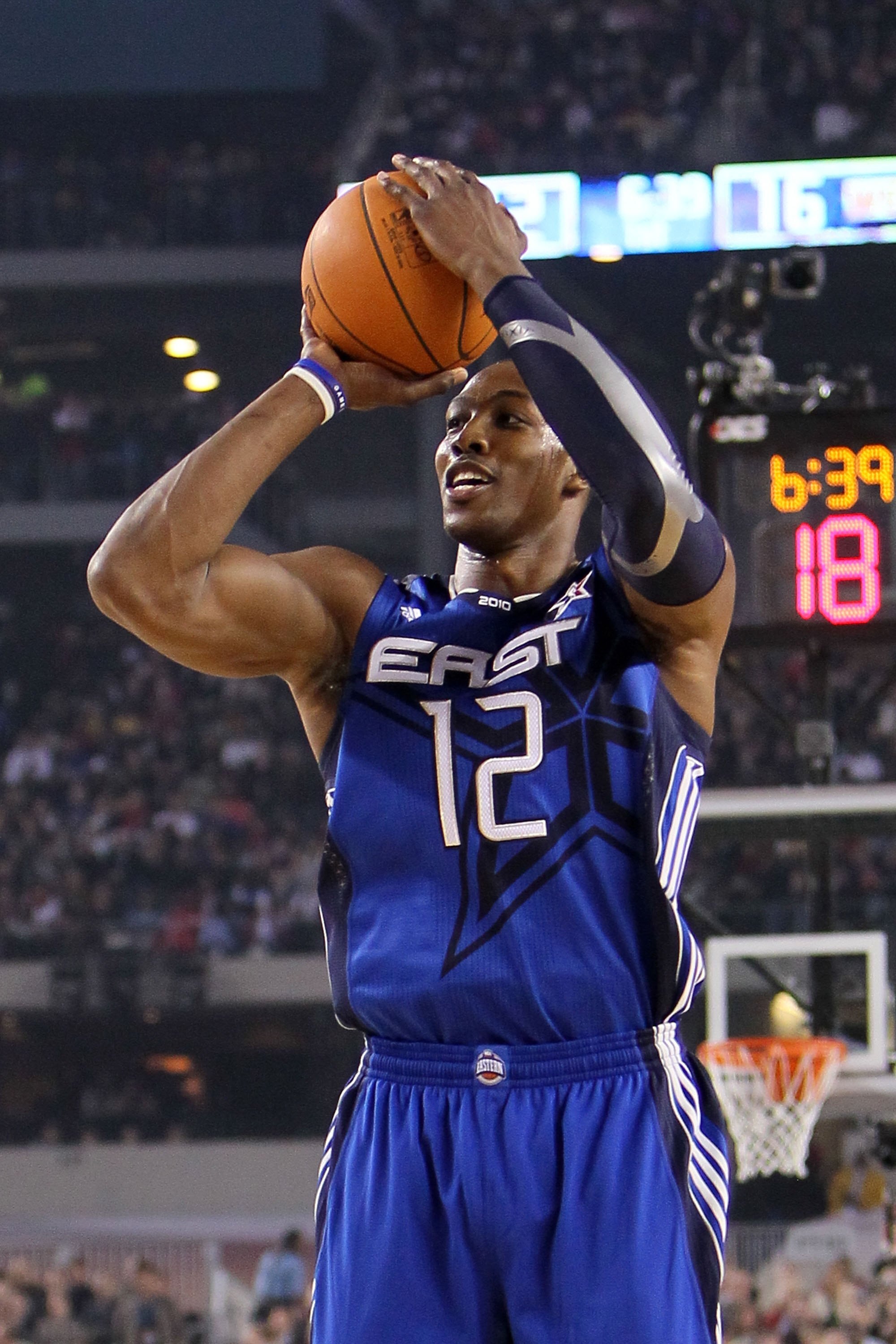 ARLINGTON, TX - FEBRUARY 14:  Dwight Howard #12 of the Eastern Conference shoots against the Western Conference during the first half of the NBA All-Star Game, part of 2010 NBA All-Star Weekend at Cowboys Stadium on February 14, 2010 in Arlington, Texas.