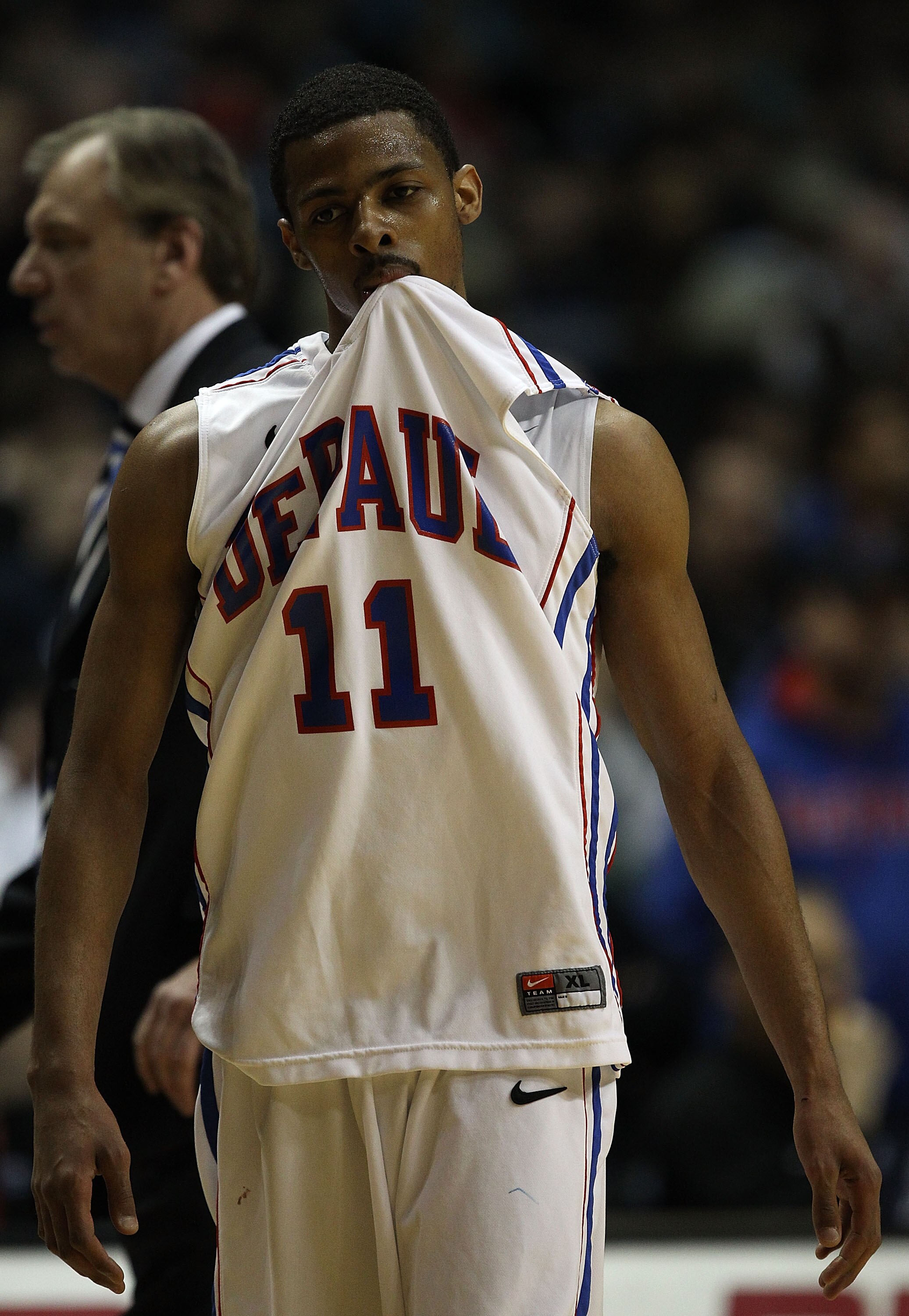 ROSEMONT, IL - FEBRUARY 19: Jeremiah Kelly #11 of the DePaul Blue Demons reacts after fouling out in overtime against the Villanova Wildcats at the Allstate Arena on February 19, 2011 in Rosemont, Illinois. Villanova defeated DePaul 77-75 in overtime.  (P