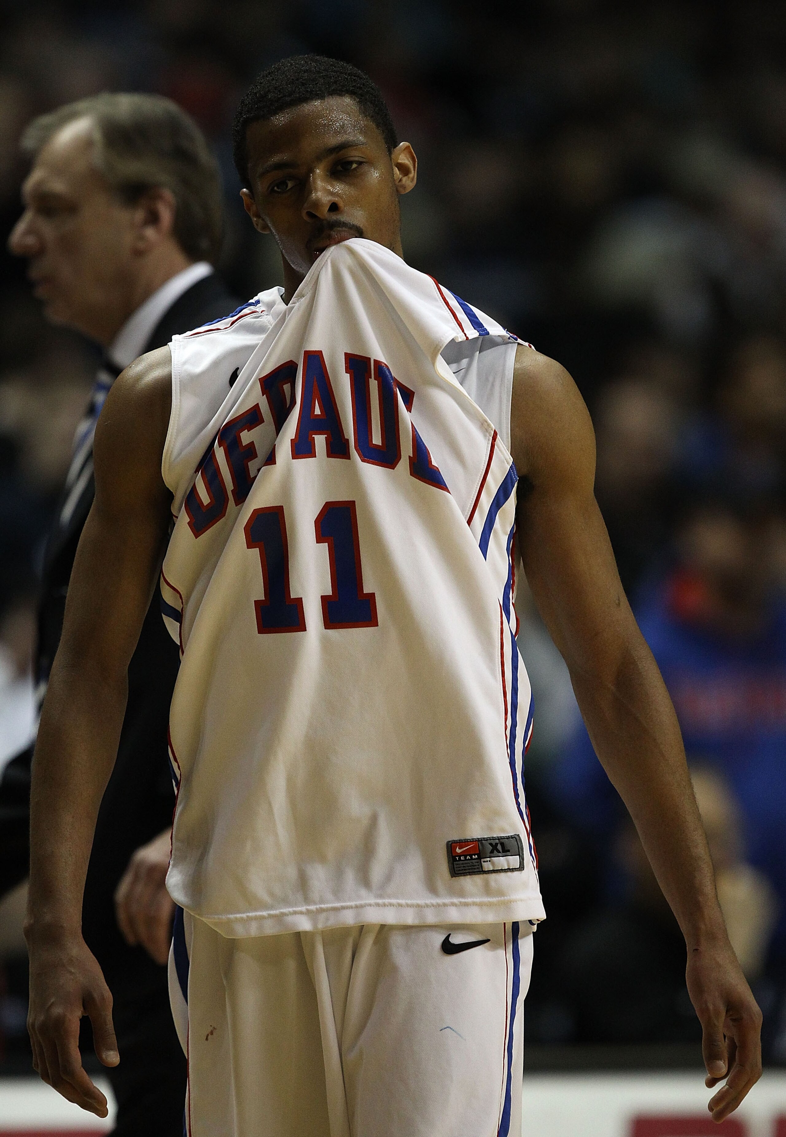ROSEMONT, IL - FEBRUARY 19: Jeremiah Kelly #11 of the DePaul Blue Demons reacts after fouling out in overtime against the Villanova Wildcats at the Allstate Arena on February 19, 2011 in Rosemont, Illinois. Villanova defeated DePaul 77-75 in overtime.  (P