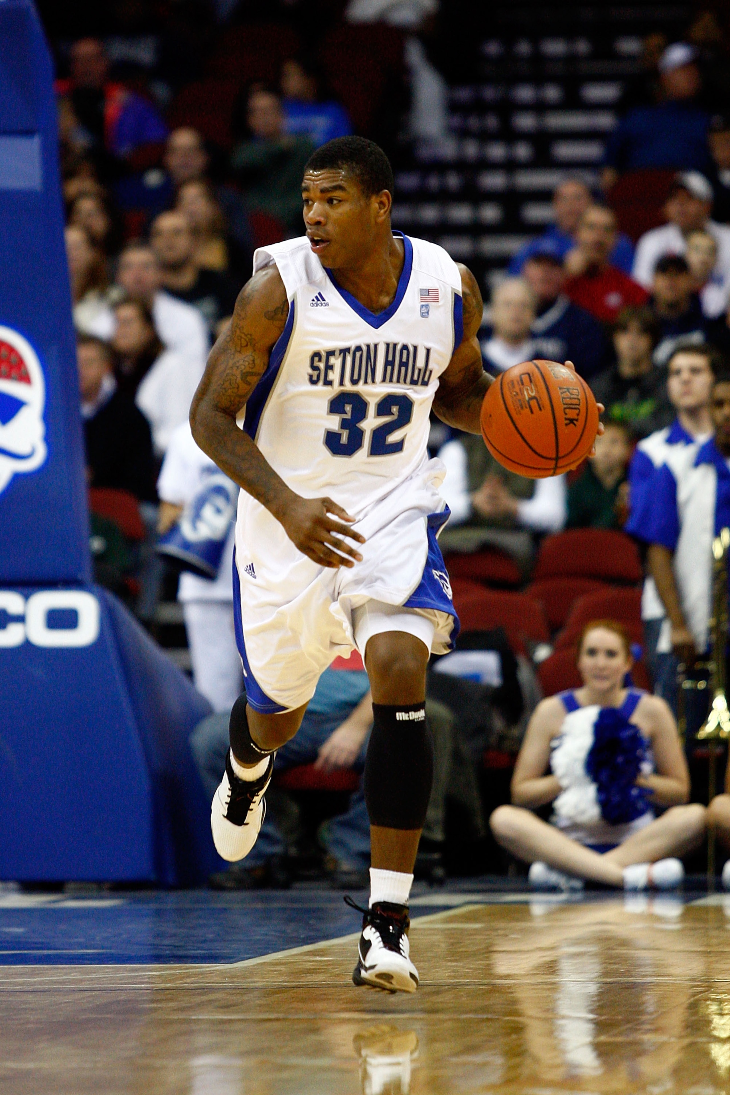 NEWARK, NJ - DECEMBER 22:  Jeff Robinson #32 of the Seton Hall Pirates brings the ball up court against the Dayton Flyers at Prudential Center on December 22, 2010 in Newark, New Jersey. Dayton 69-65. (Photo by Chris Chambers/Getty Images)