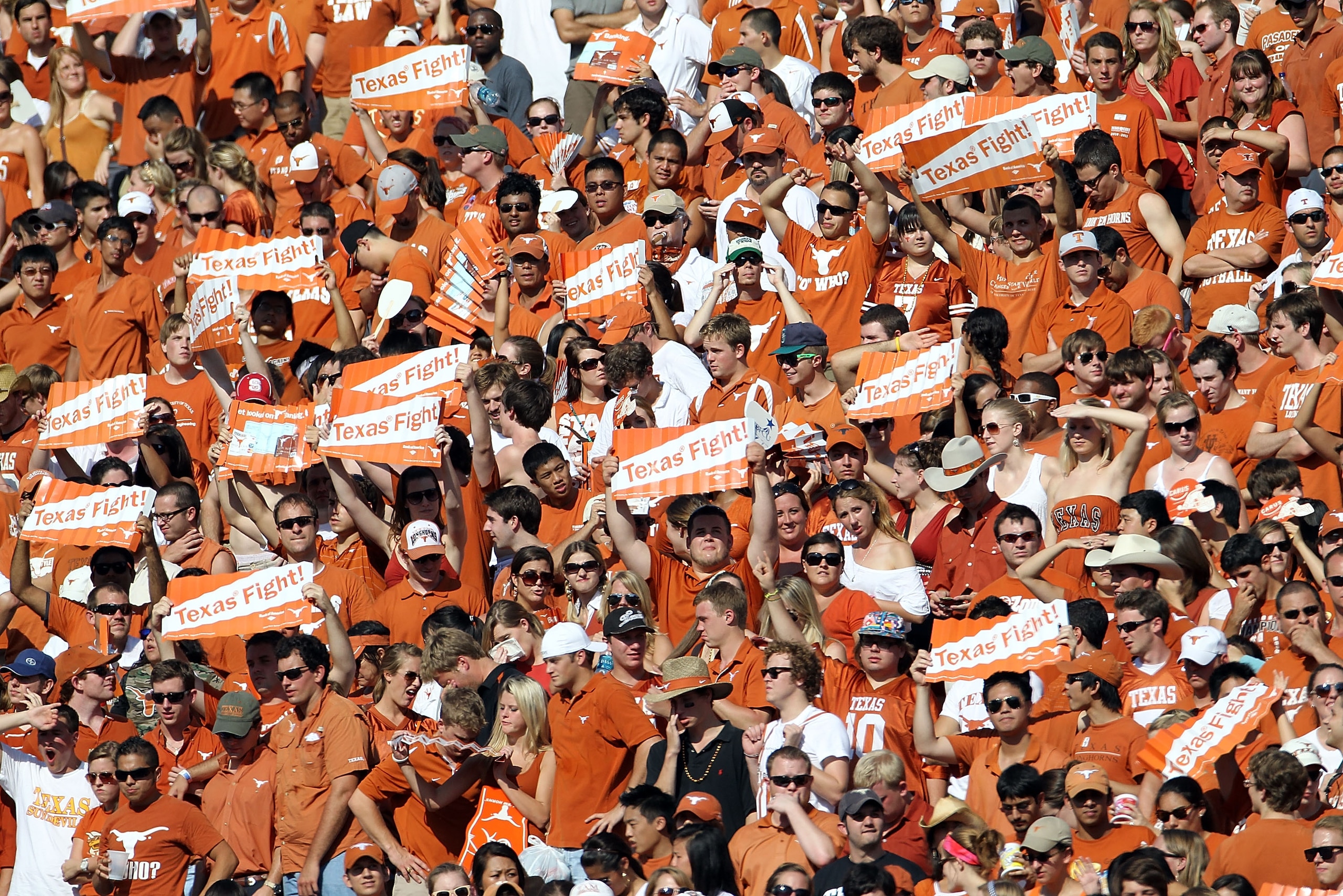 AUSTIN, TX - SEPTEMBER 25: A view of fans during a game between the UCLA Bruins and the Texas Longhorns at Darrell K Royal-Texas Memorial Stadium on September 25, 2010 in Austin, Texas. (Photo by Ronald Martinez/Getty Images) AUSTIN, TX - SEPTEMBER 25: A view of fans during a game between the UCLA Bruins and the Texas Longhorns at Darrell K Royal-Texas Memorial Stadium on September 25, 2010 in Austin, Texas. (Photo by Ronald Martinez/Getty Images)