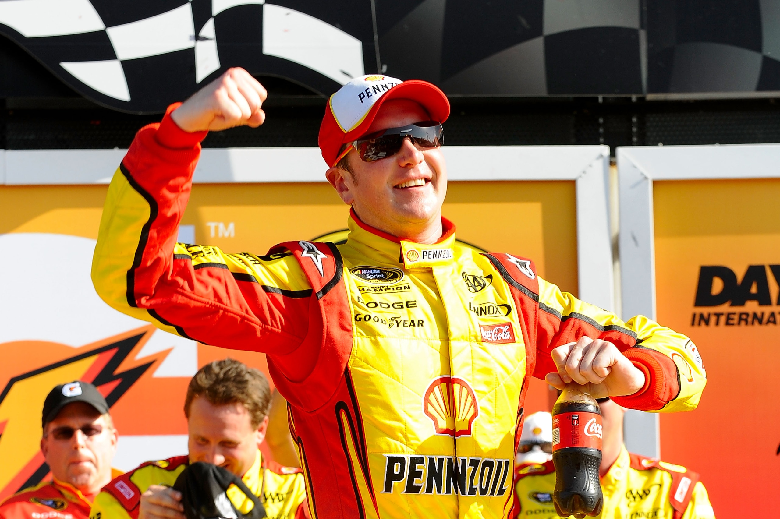 DAYTONA BEACH, FL - FEBRUARY 17:  Kurt Busch, driver of the #22 Shell Pennzoil Dodge, celebrates in Victory Lane after winning the first race of the NASCAR Sprint Cup Series Gatorade Duel at Daytona International Speedway on February 17, 2011 in Daytona B