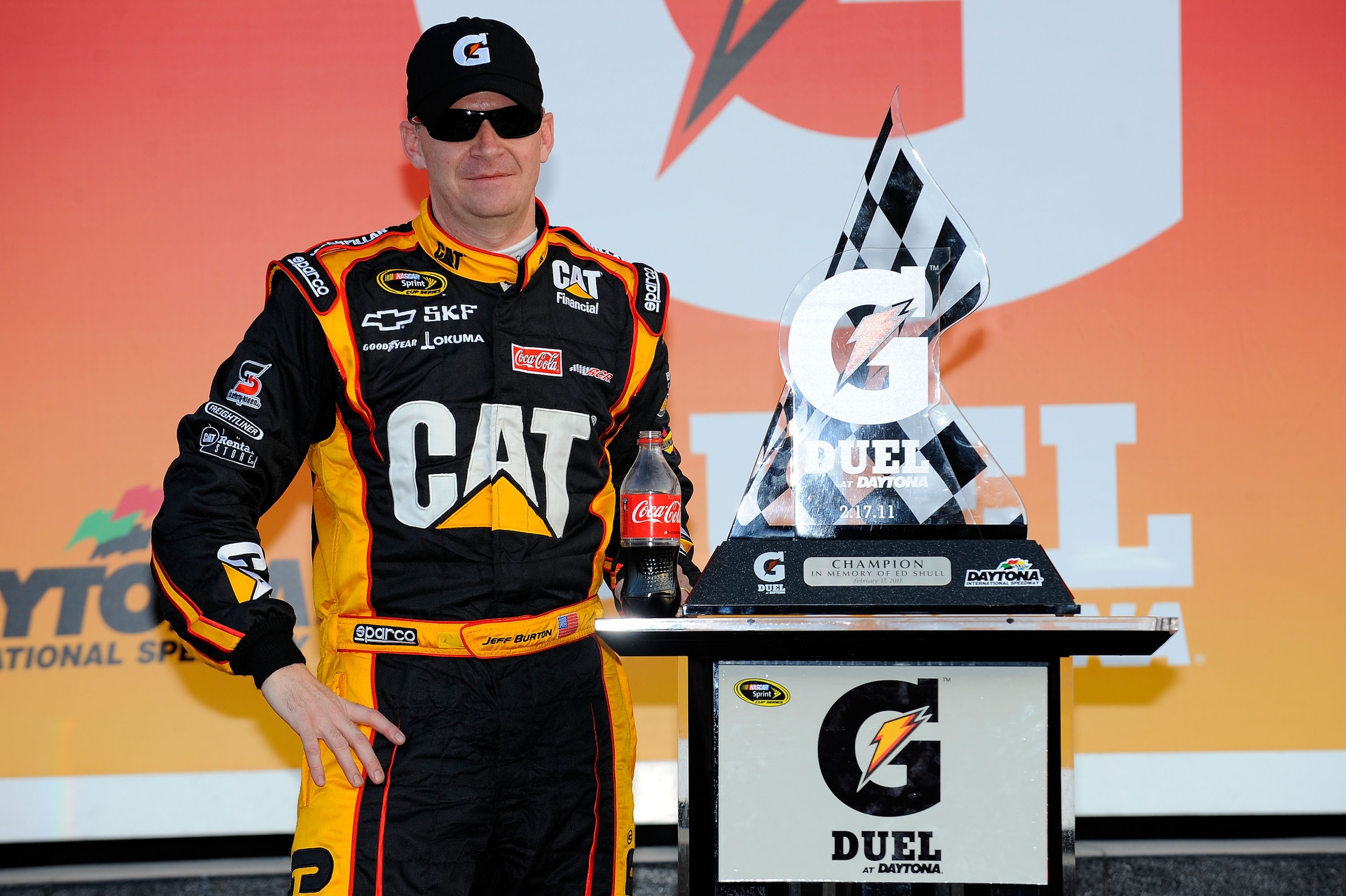 DAYTONA BEACH, FL - FEBRUARY 17:  Jeff Burton, driver of the #31 Caterpillar Chevrolet, celebrates in Victory Lane after winning the second race of the NASCAR Sprint Cup Series Gatorade Duel at Daytona International Speedway on February 17, 2011 in Dayton