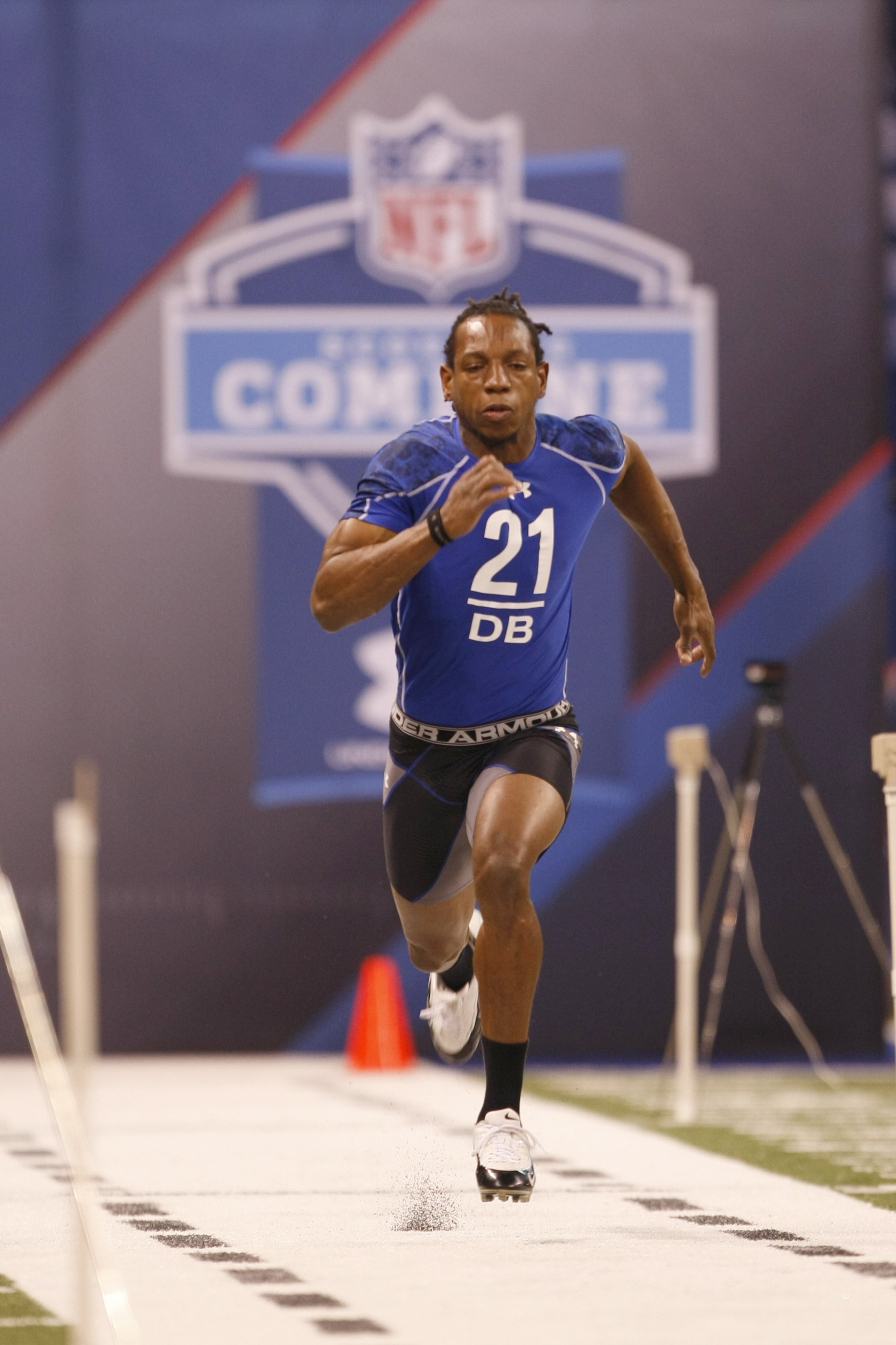 INDIANAPOLIS, IN - MARCH 2: Defensive back Chris Hawkins of Louisiana State runs the 40 yard dash during the NFL Scouting Combine presented by Under Armour at Lucas Oil Stadium on March 2, 2010 in Indianapolis, Indiana. (Photo by Scott Boehm/Getty Images)