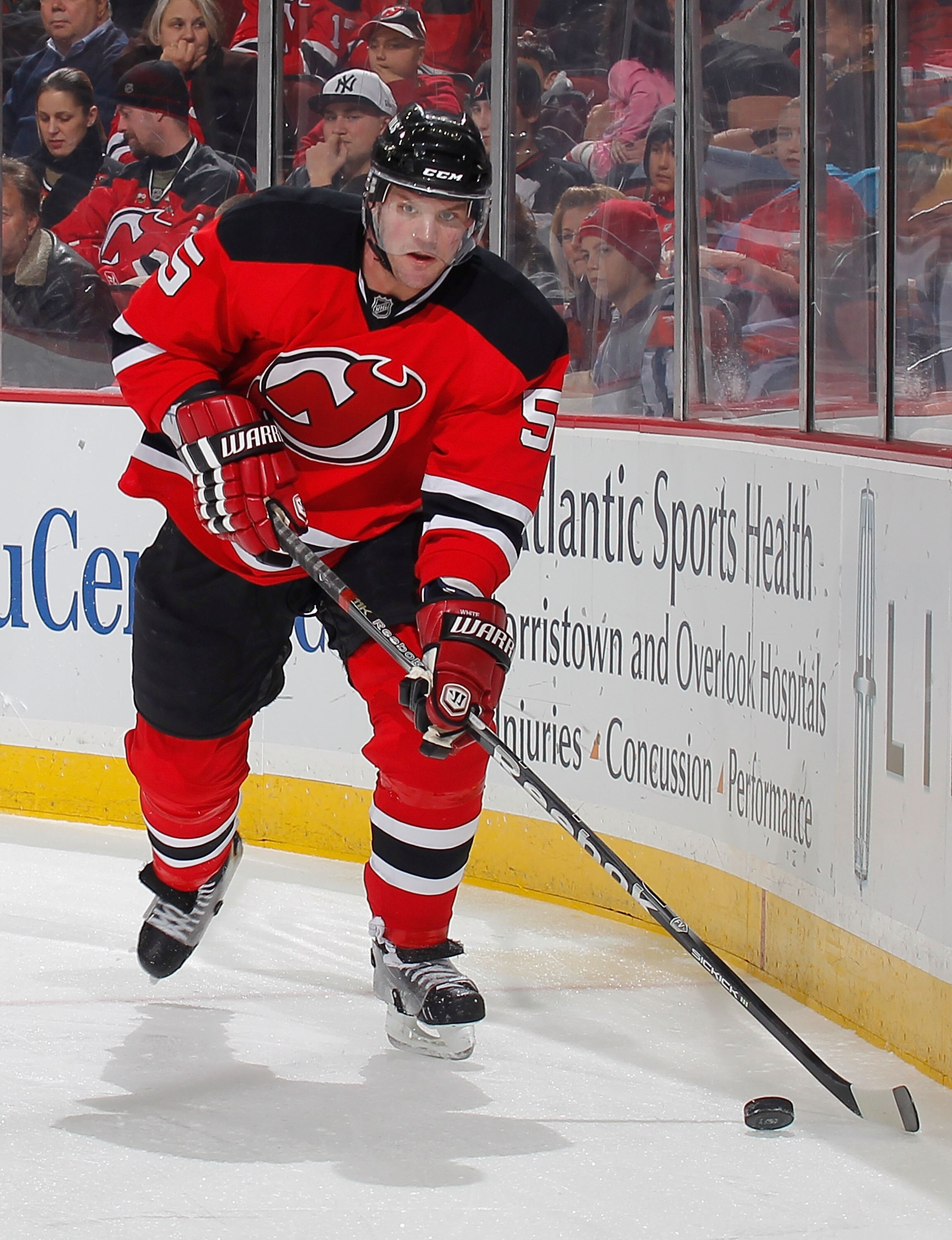 NEWARK, NJ - FEBRUARY 11: Colin White #5 of the New Jersey Devils skates during an NHL hockey game aagainst the San Jose Sharks on February 11, 2011 at the Prudential Center in Newark, New Jersey. (Photo by Paul Bereswill/Getty Images)